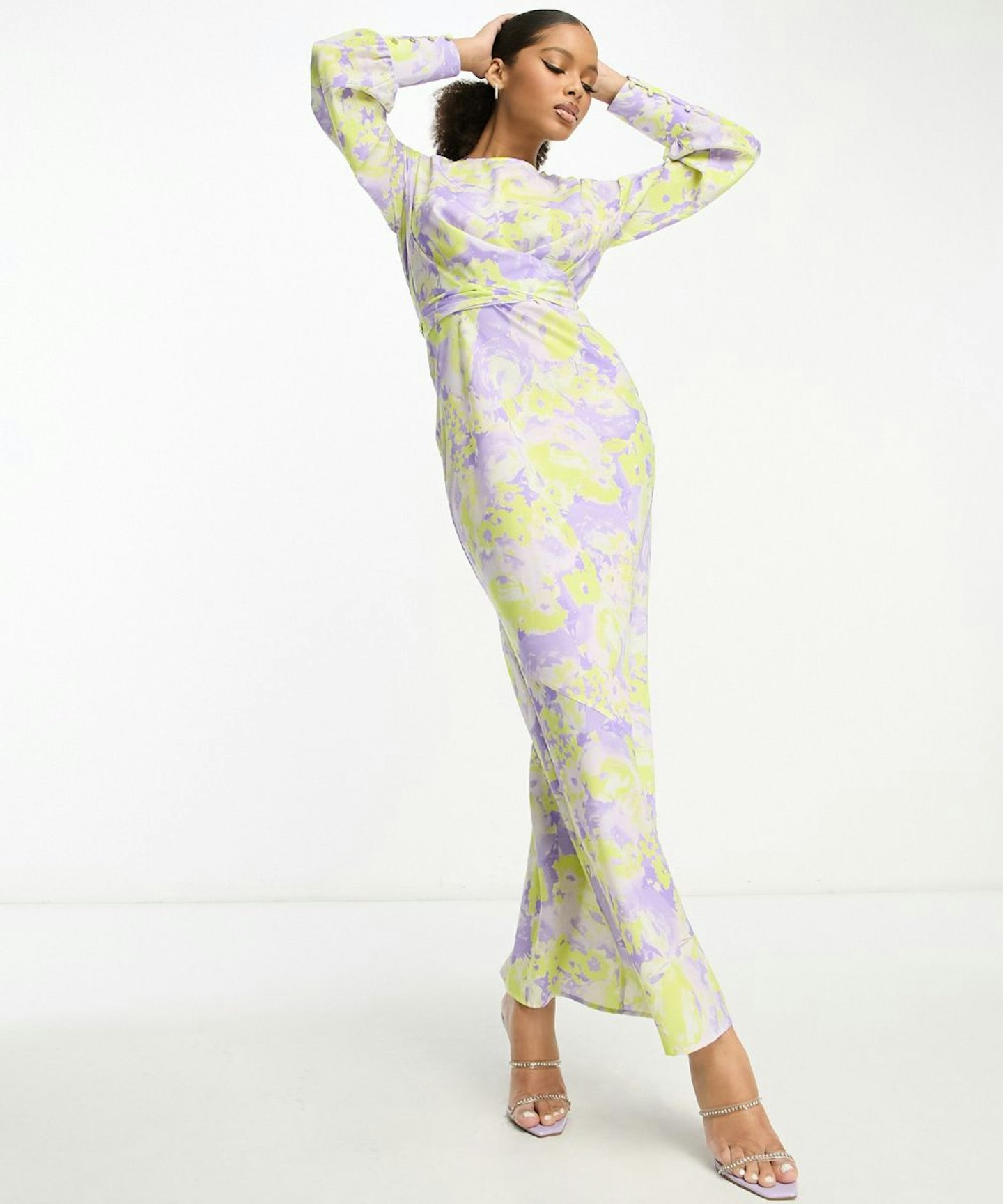 Belted Maxi Dress in Lilac and Yellow Floral