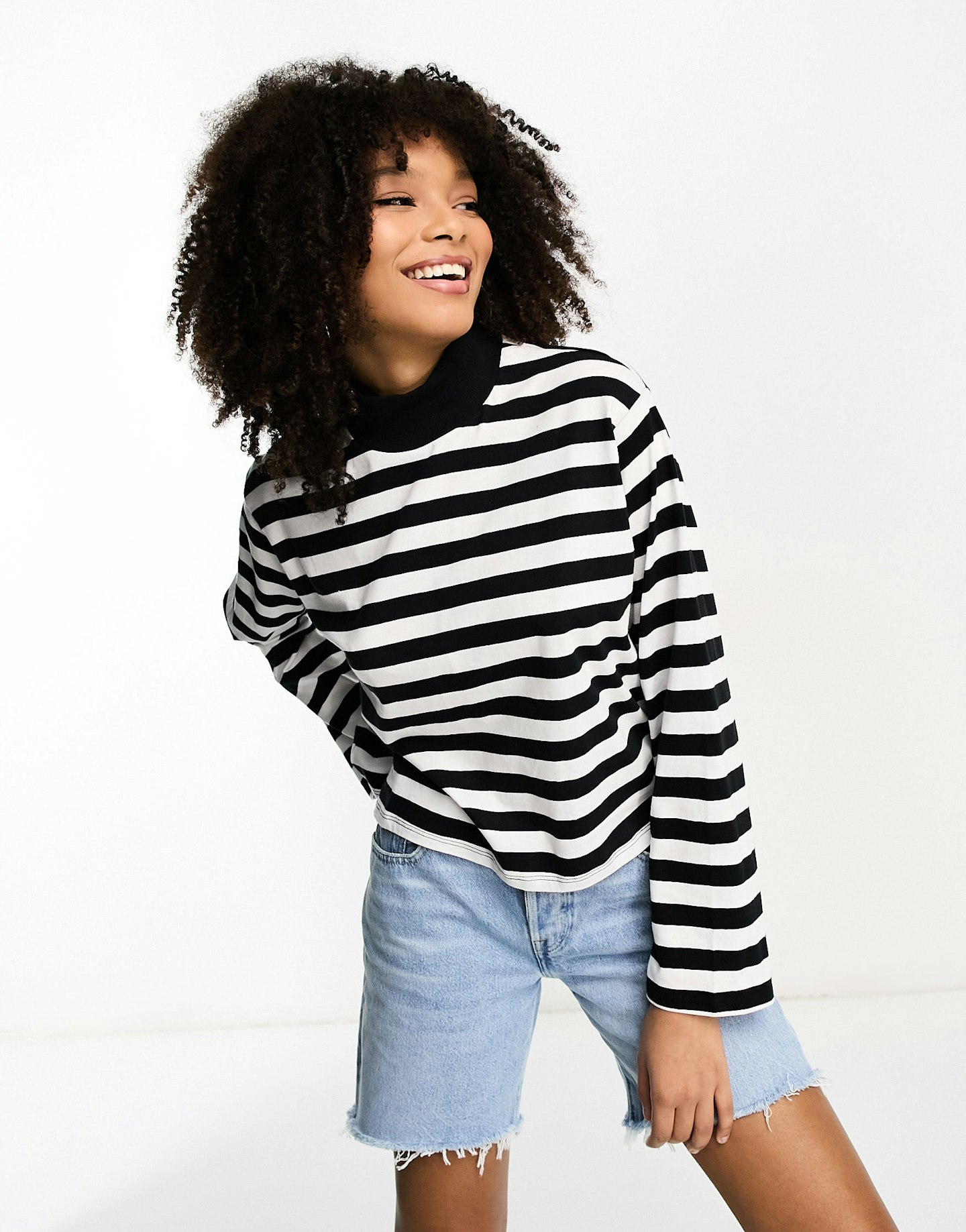 Asos Design High Neck Boxy Long Sleeve Top In Mono Stripe