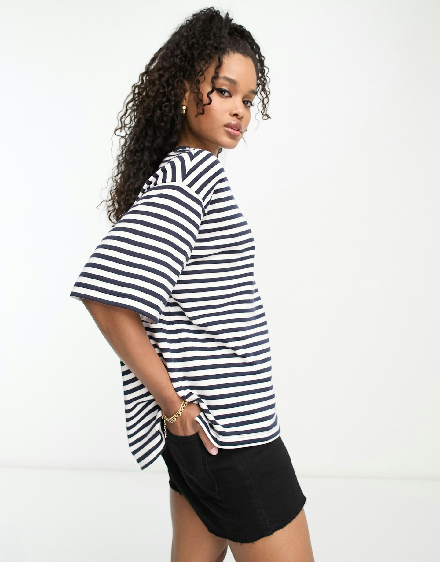Asos Design Oversized Heavyweight T-shirt With Side Splits In Navy And White Stripe