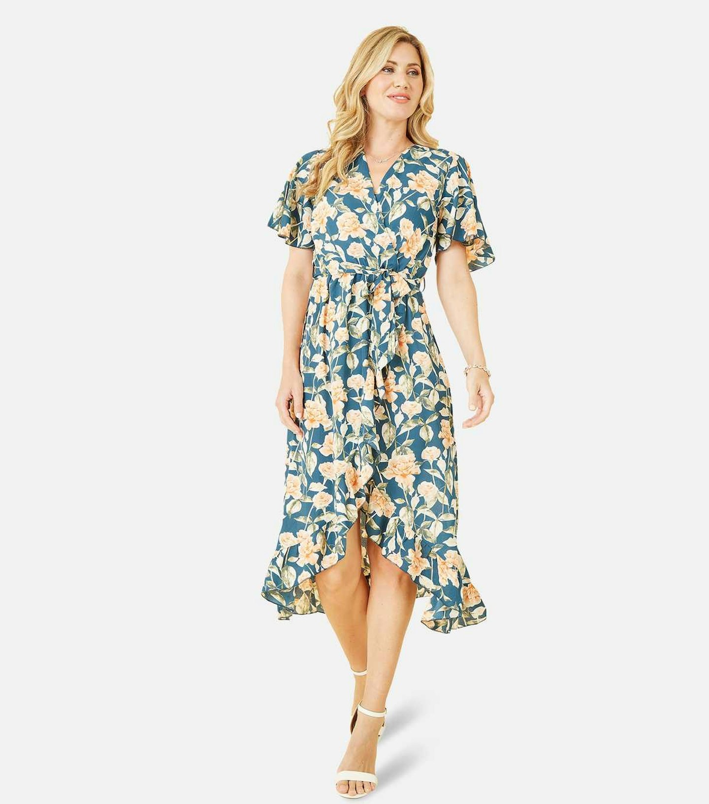 New Look Mela Teal Floral Short Flutter Sleeve Frill Midi Wrap Dress