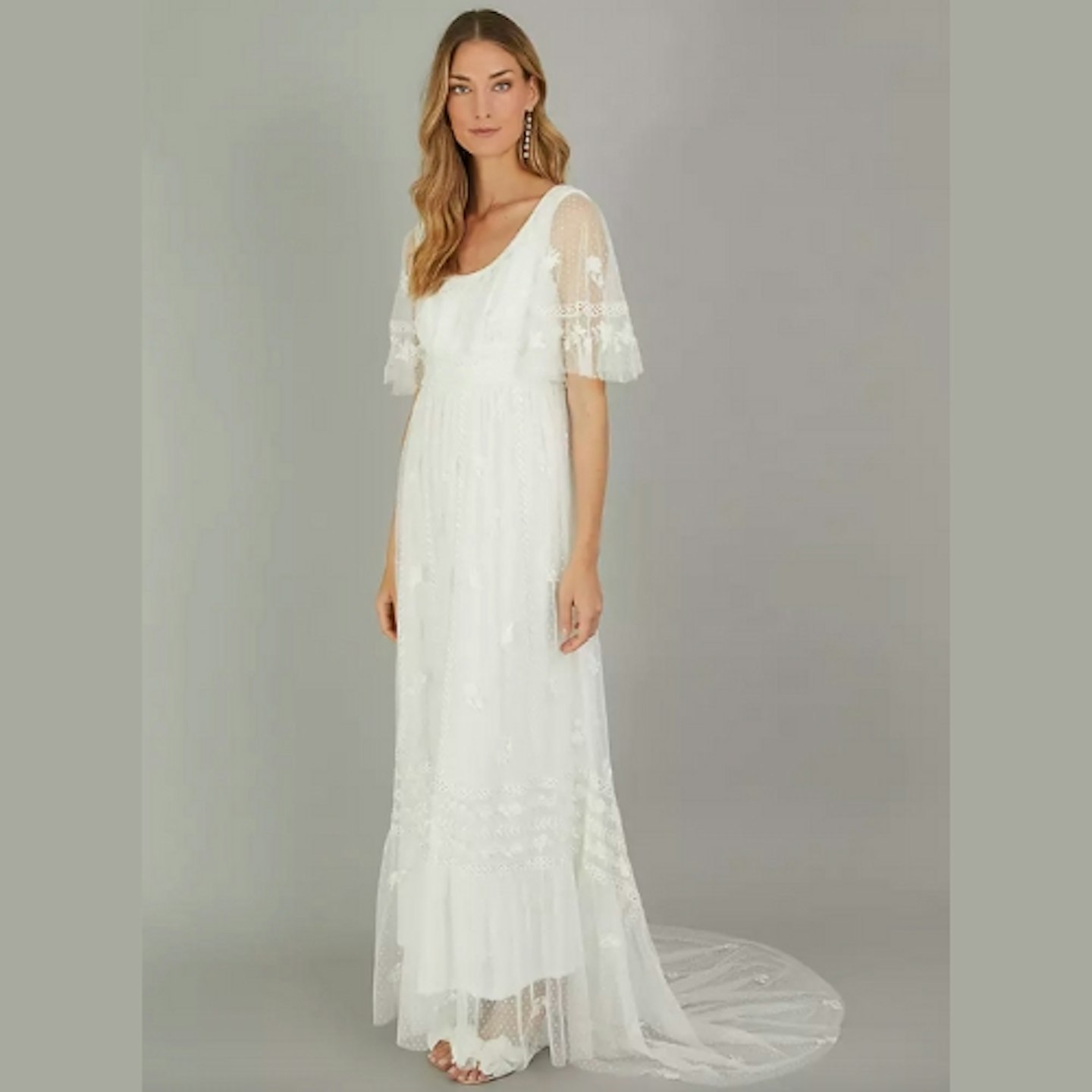 Monsoon Julita Embroidered Lace Trim Wedding Dress, Ivory