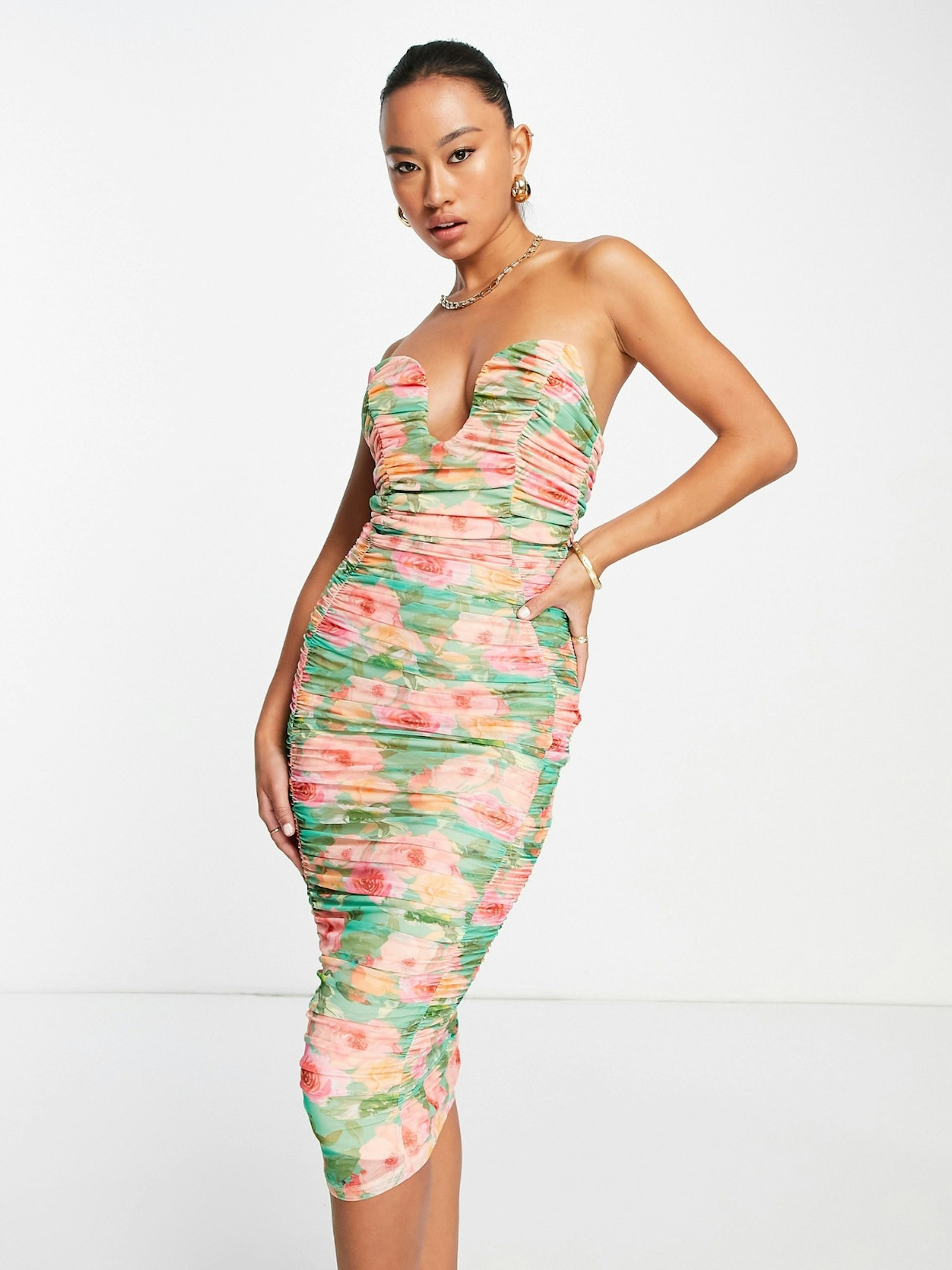 ASOS Design U Wire Bandeau Ruched Midi Dress In Floral