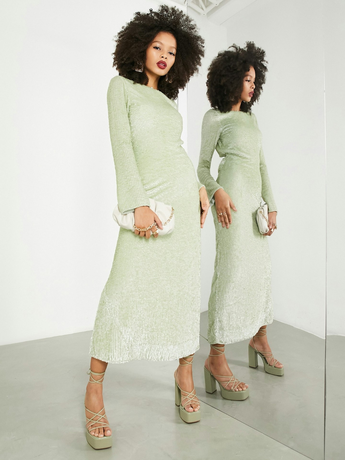 ASOS Edition All Over Sequin Backless Drape Midi Dress In Sage Green