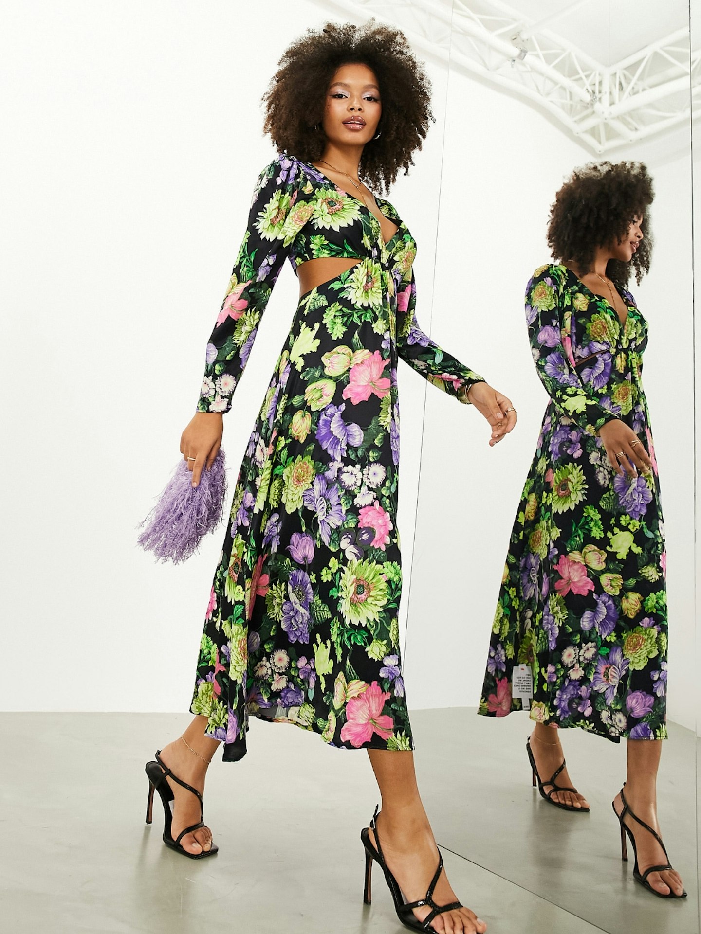 ASOS Edition Satin Midi Dress With Cut Out Back In Bright Floral Print