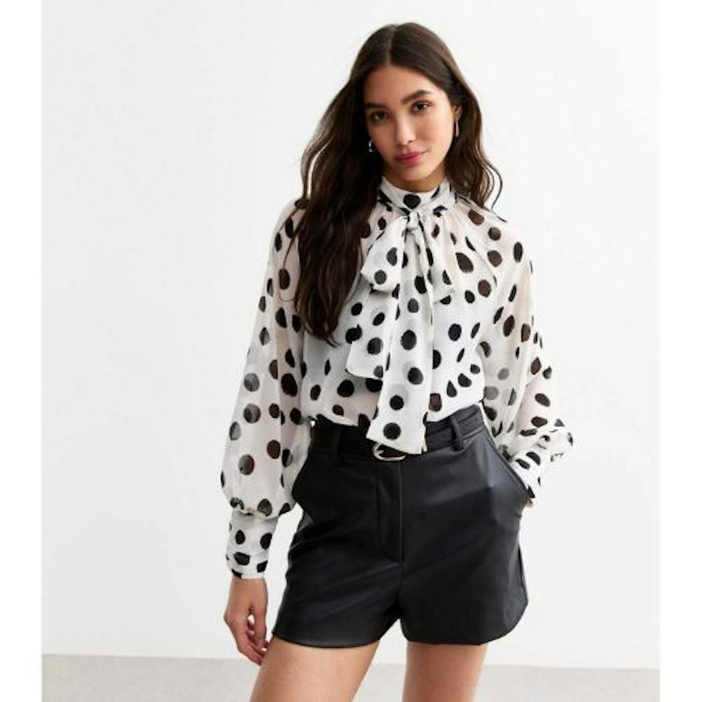 Black Polka Dot Chiffon Bow Collar Blouse