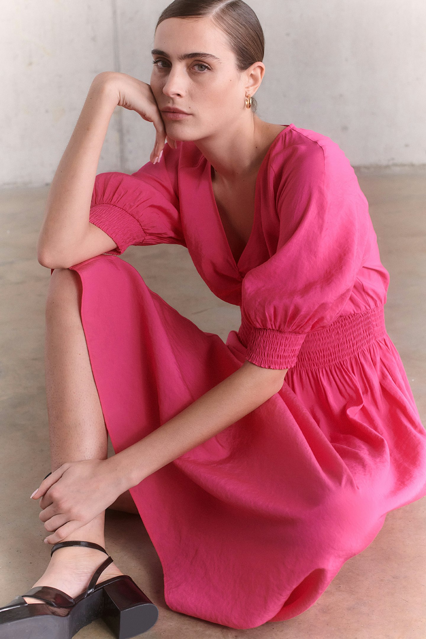 Pink Shirred Midi Dress