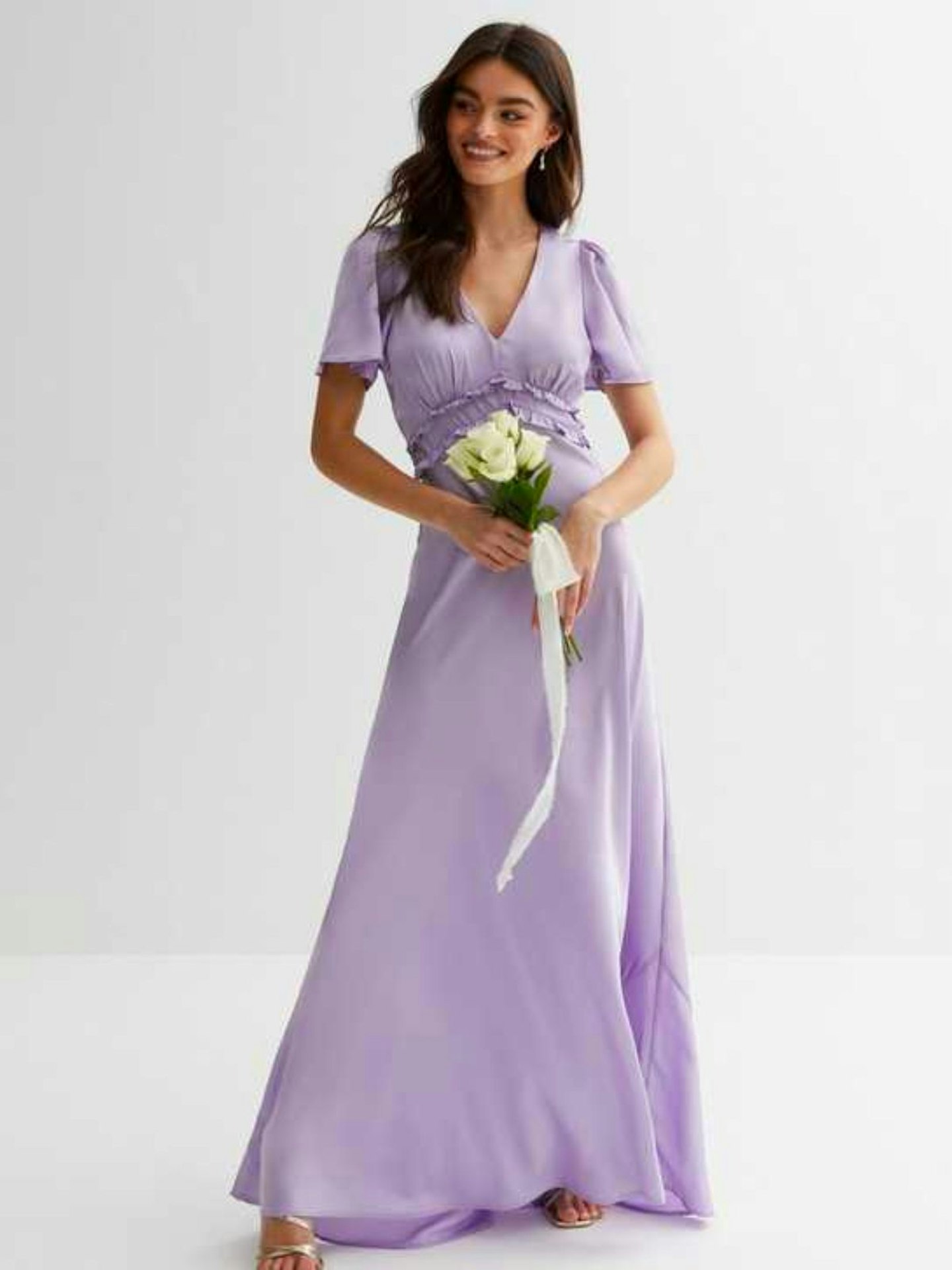 New Look Lilac Satin Flutter Sleeve Ruffle Maxi Dress