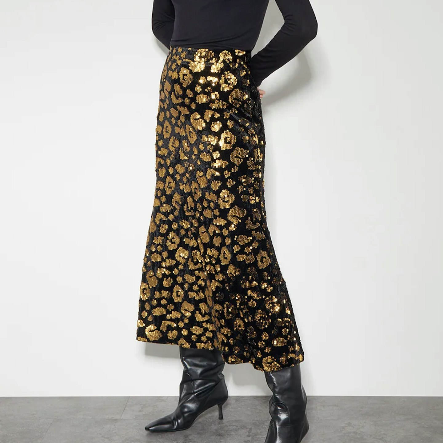 black and gold animal print sequin skirt