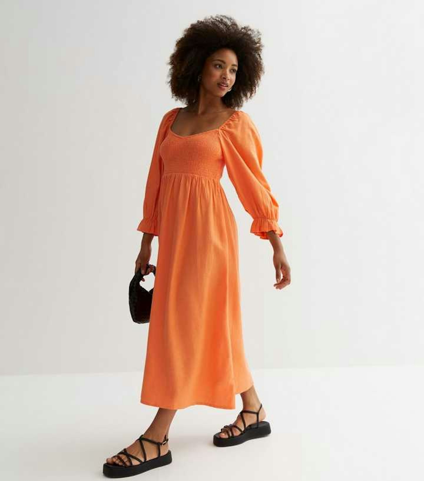 New Look Orange Shirred Long Sleeve Midi Dress