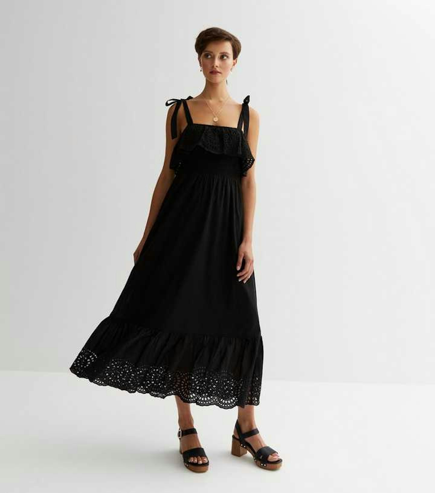 New Look Black Broderie Frill Midi Dress
