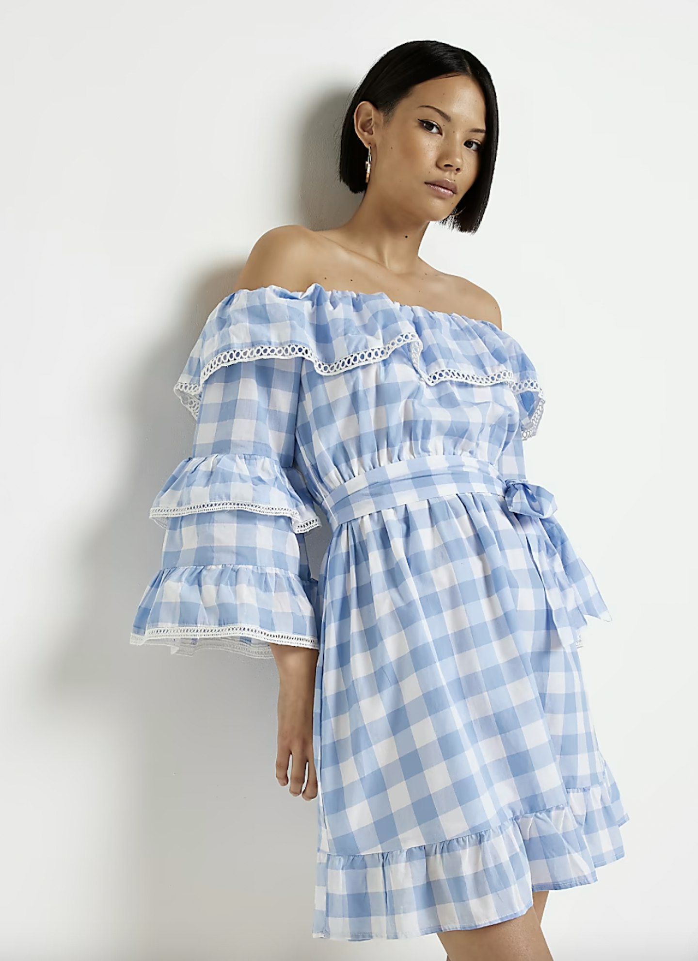  Blue Gingham Bardot Mini Dress