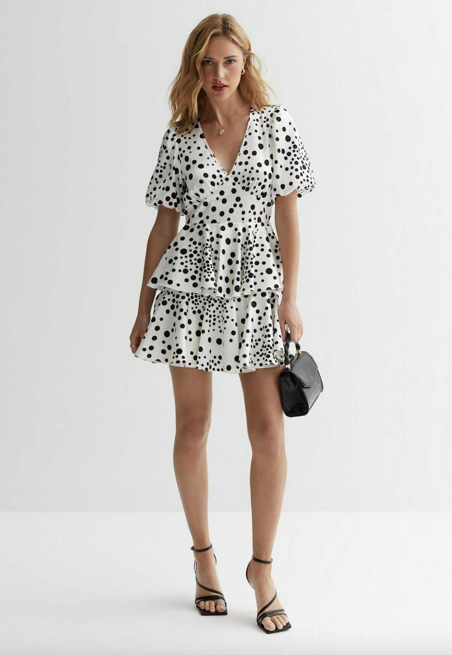 White Spot Puff Sleeve Tiered Mini Dress