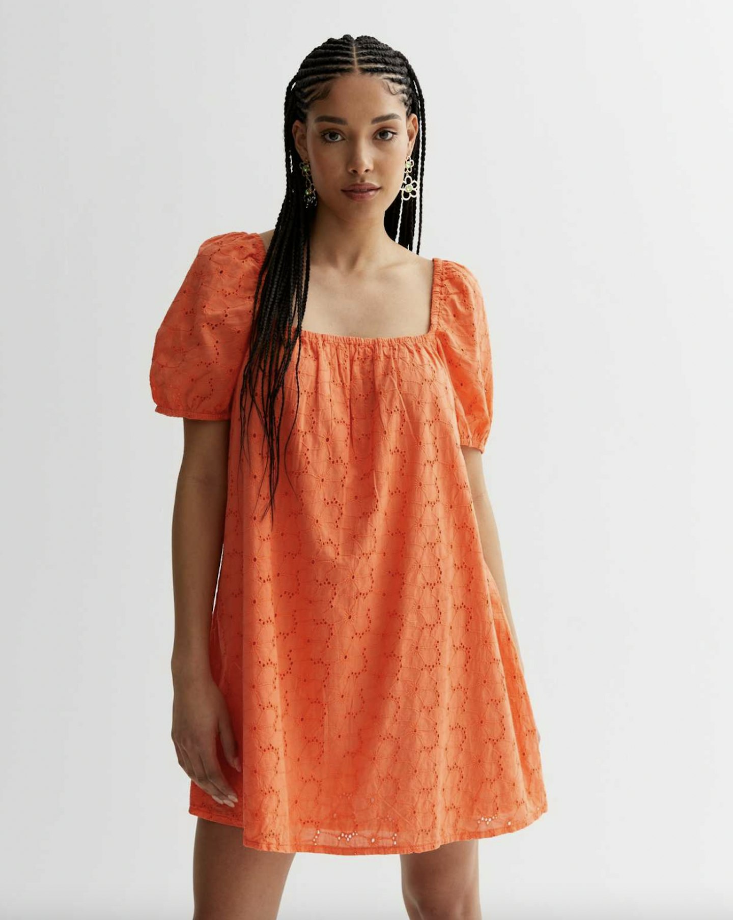 Orange Daisy Embroidered Mini Smock Dress