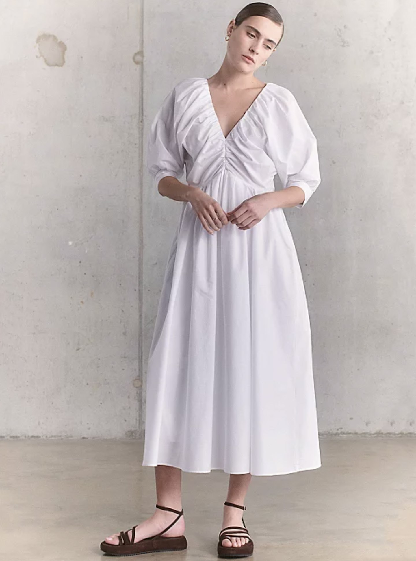 White 100% Cotton Gathered Midi Dress