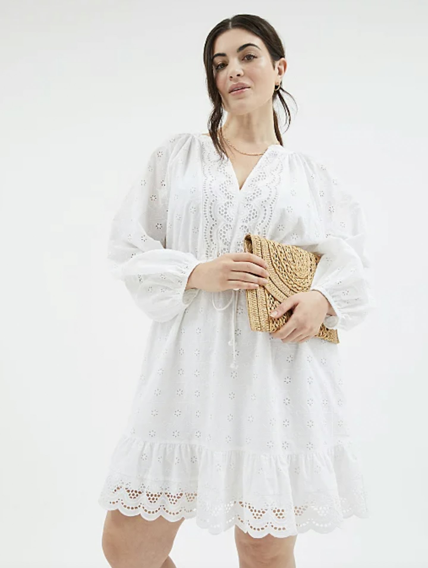White Schiffli Embroidered Mini Dress
