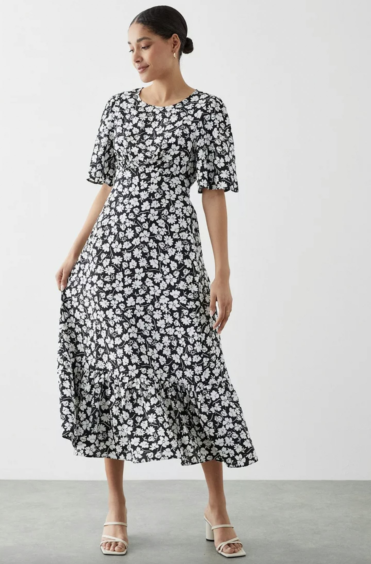 Mono Floral Print Flutter Sleeve Midi Dress