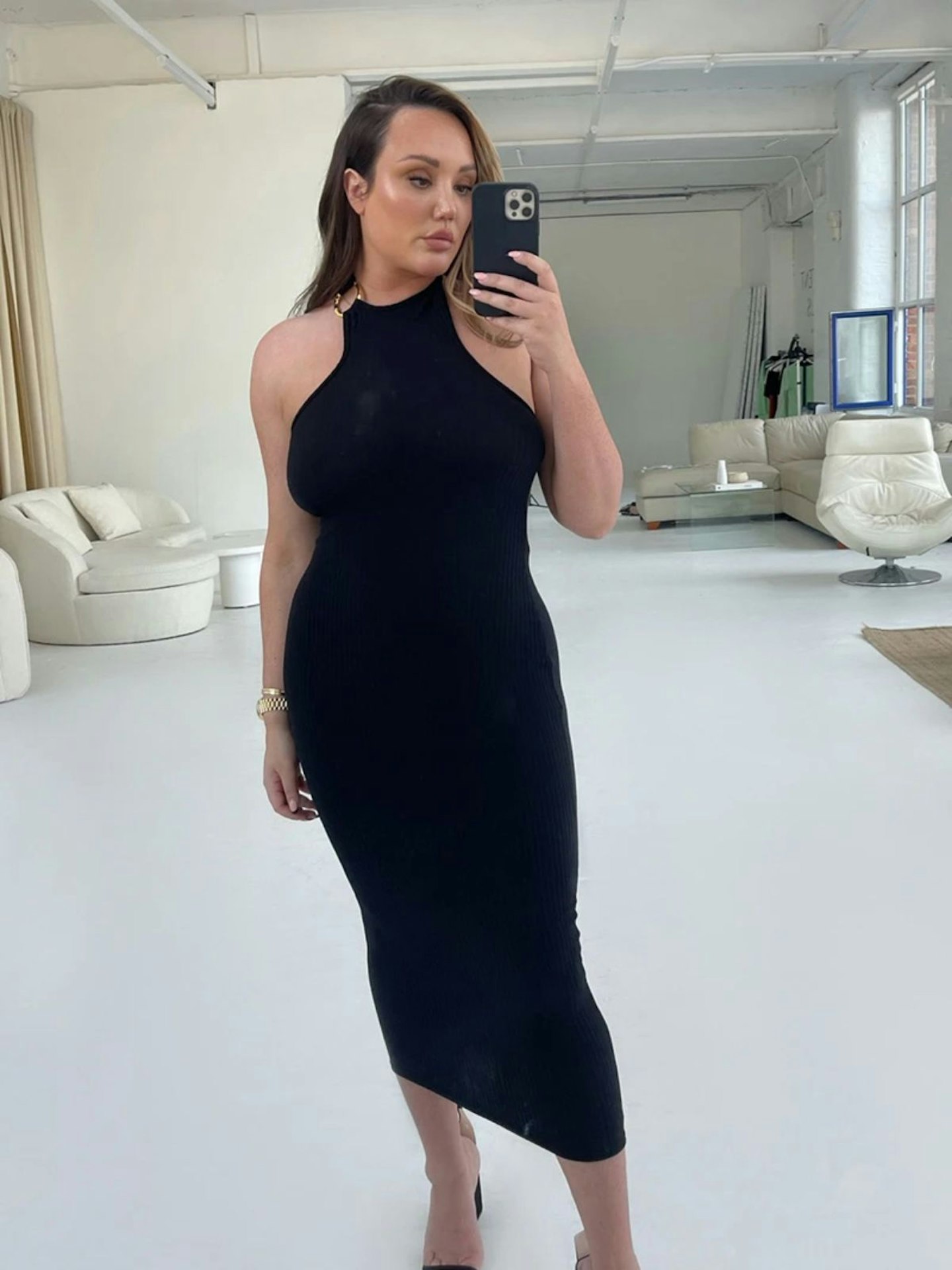 In The Style Charlotte Crosby Black Asymmetric Ring Detail Midi Dress