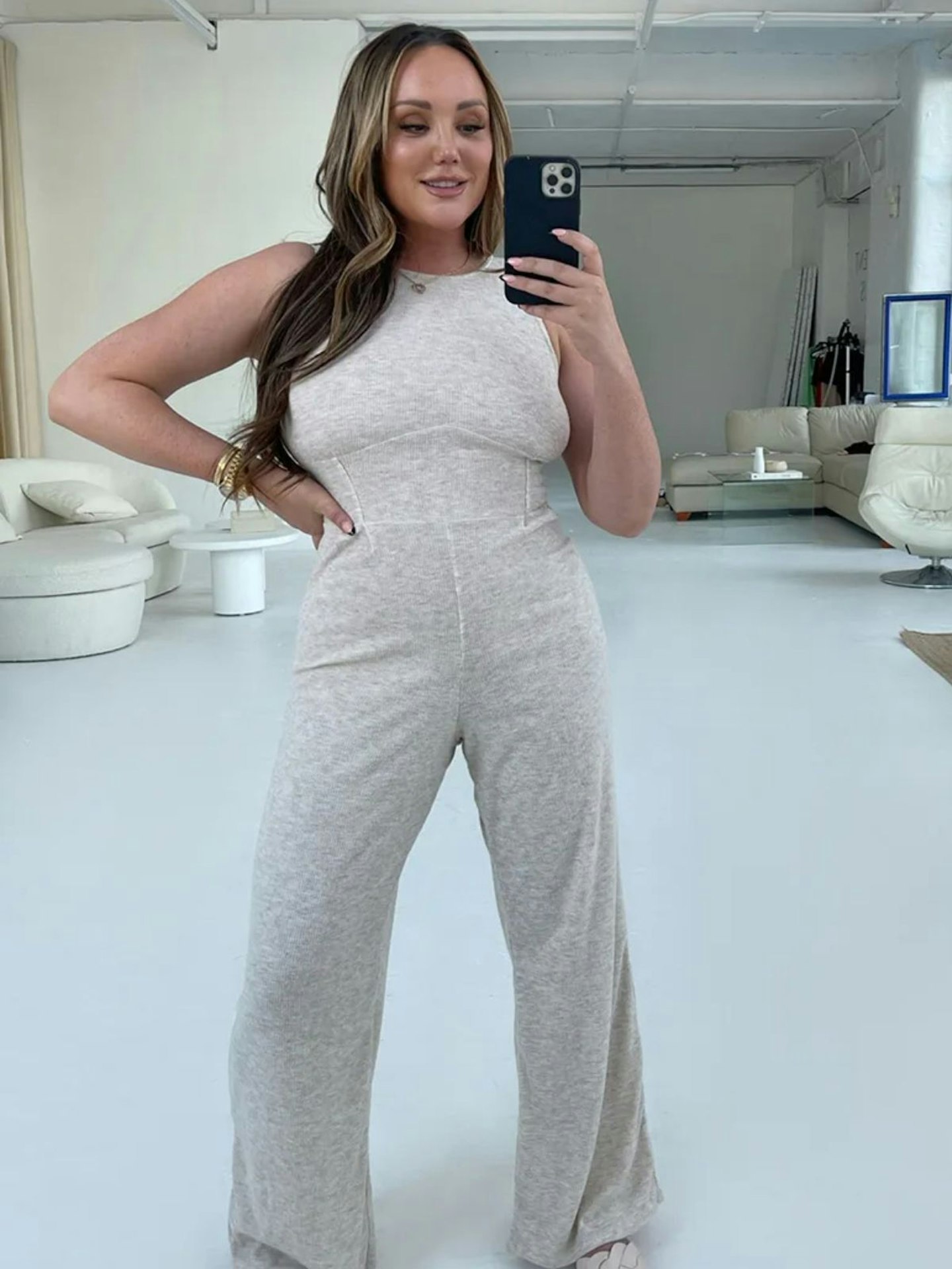 In The Style Charlotte Crosby Stone Corset Top Wide Leg Jumpsuit