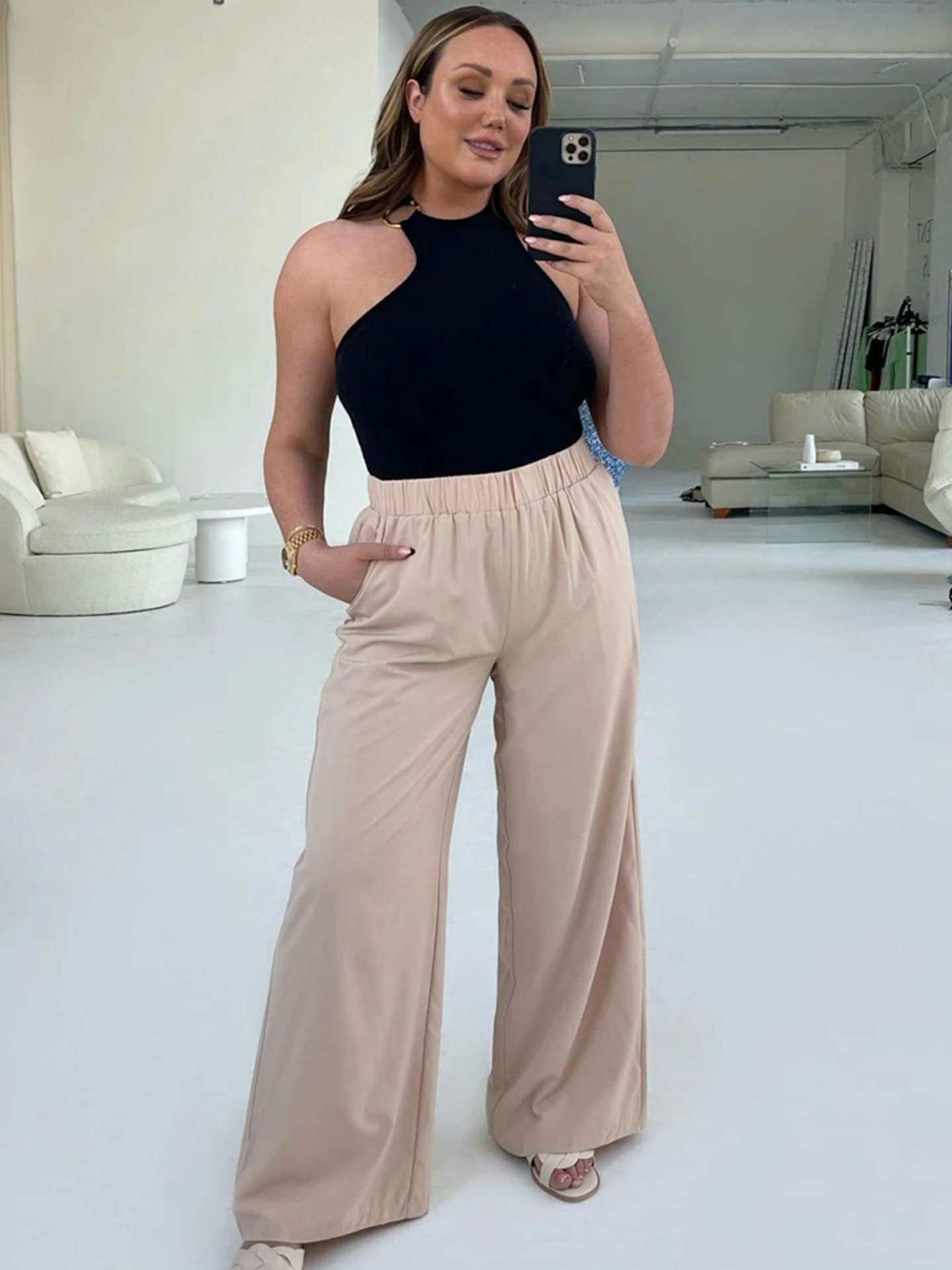 In The Style Charlotte Crosby Stone Elasticated Waist Wide Leg Trousers