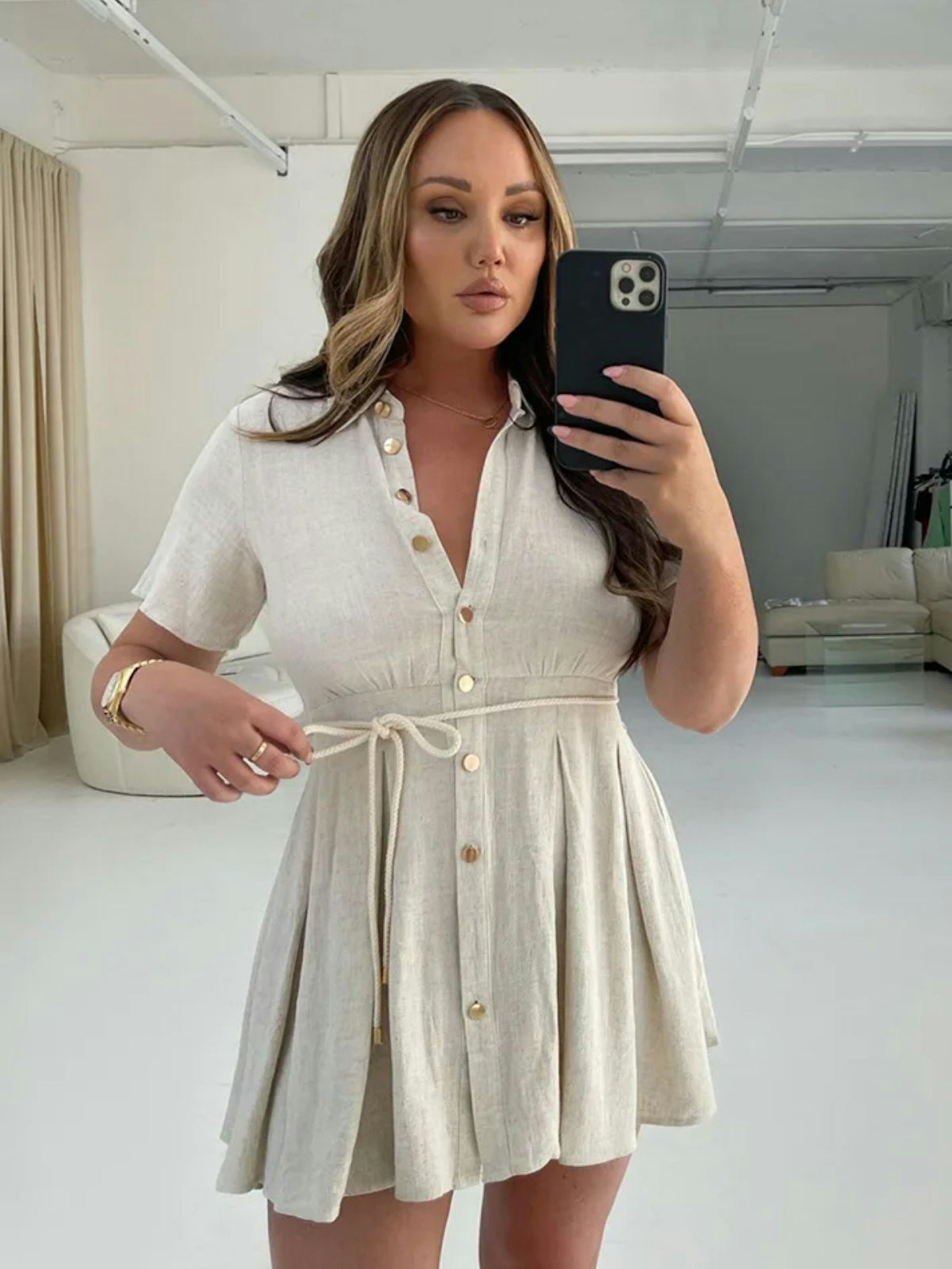 In The Style Charlotte Crosby Stone Button Shirt Mini Dress