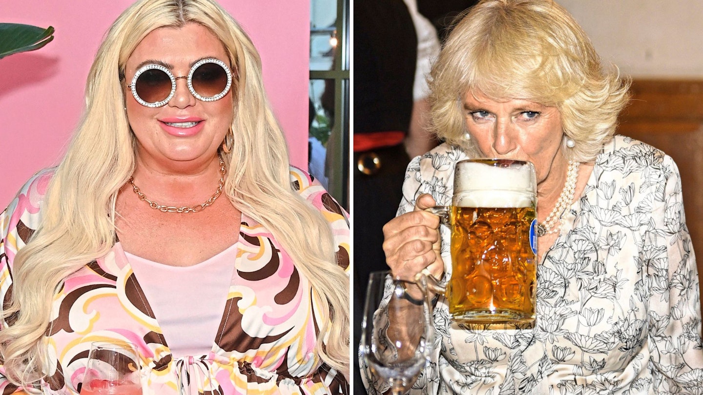 Gemma Collins looks at Queen Camilla in a comped image