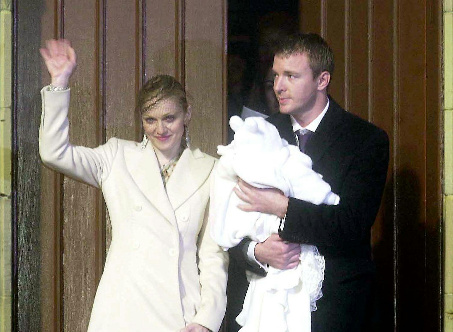 Madonna and Guy Ritchie attend the baptism of their son Rocco at Dornoch Cathedral December 21, 2000 in Scotland
