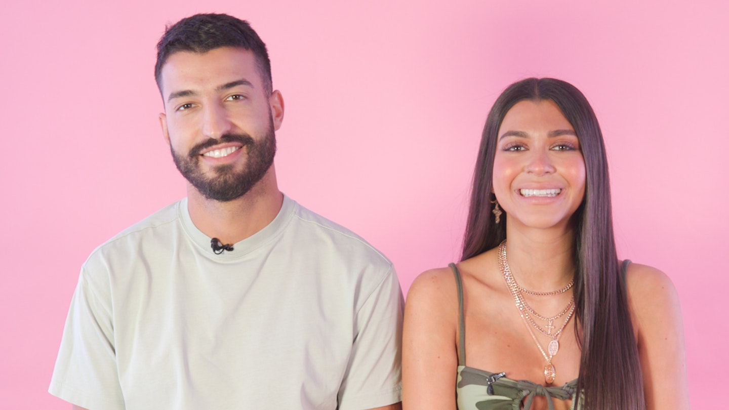 Medhin and Mal from Love Island smile against a pink background