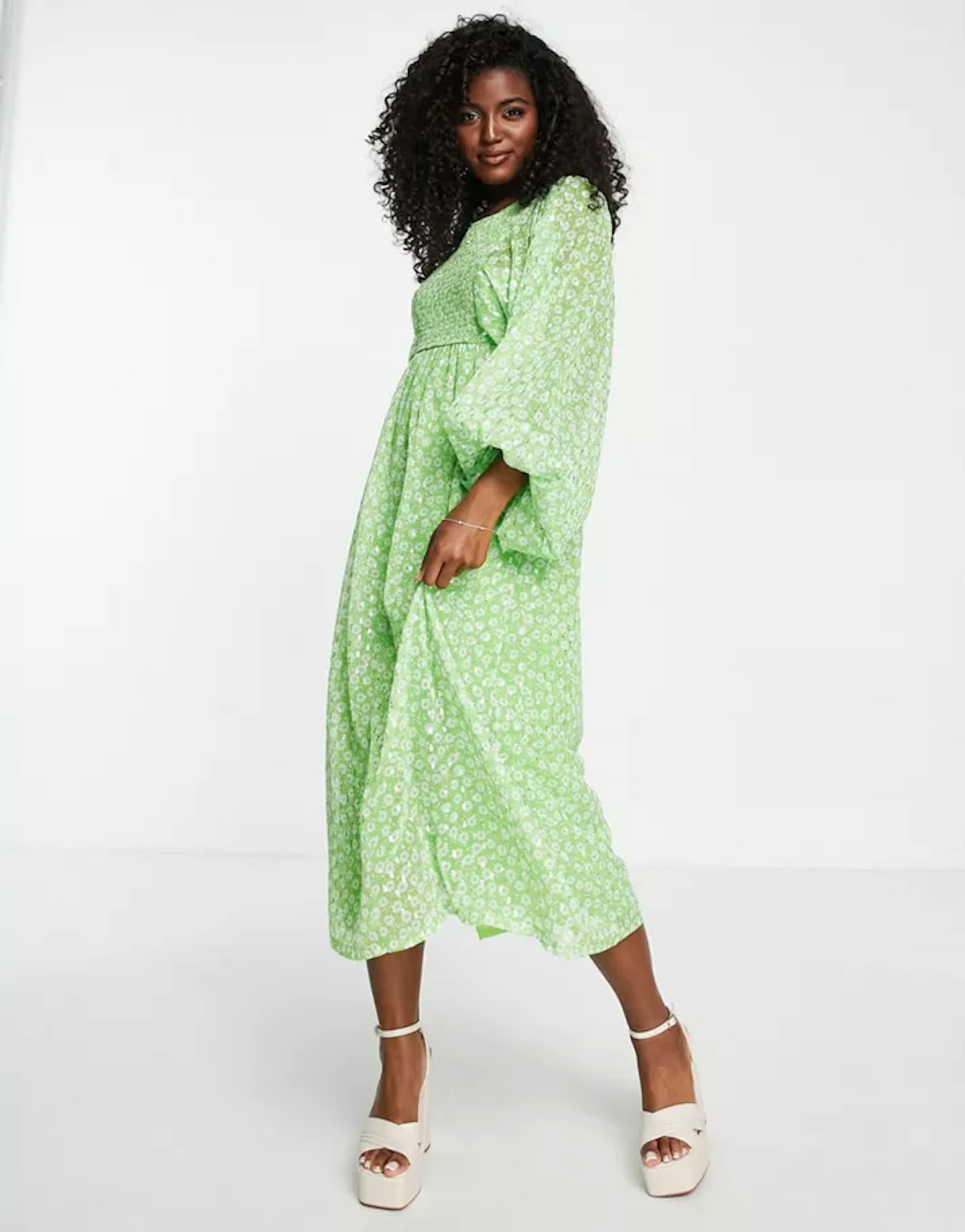 Miss Selfridge Metallic Chiffon Shirred Volume Sleeve Midaxi Dress