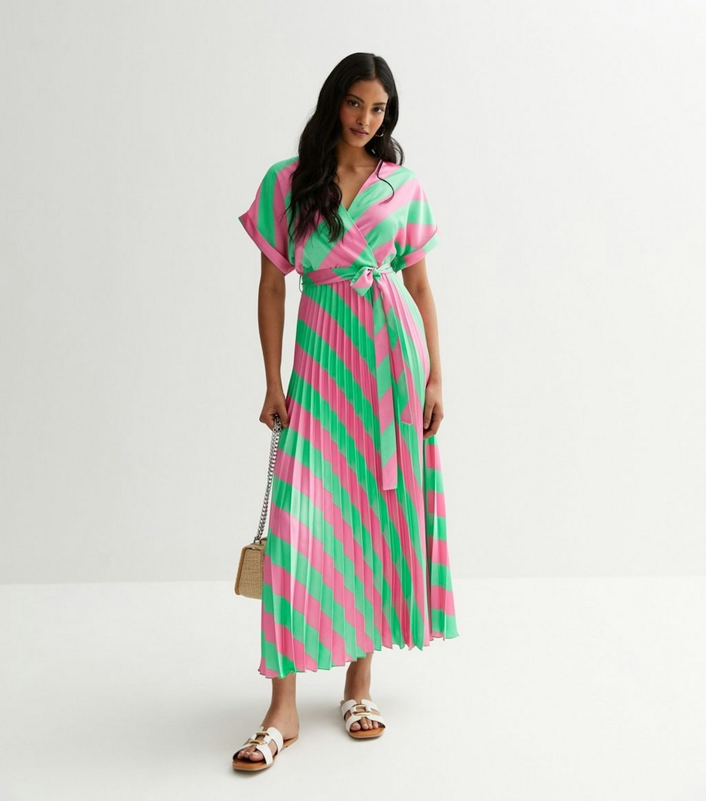 New Look Green Stripe Satin Pleated Midaxi Wrap Dress