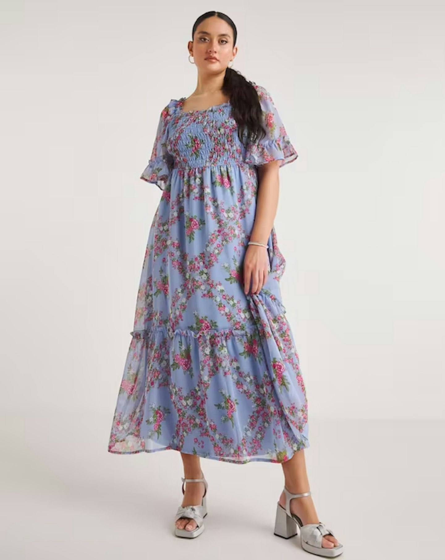 Simply Be Blue Floral Print Tiered Midi Dress