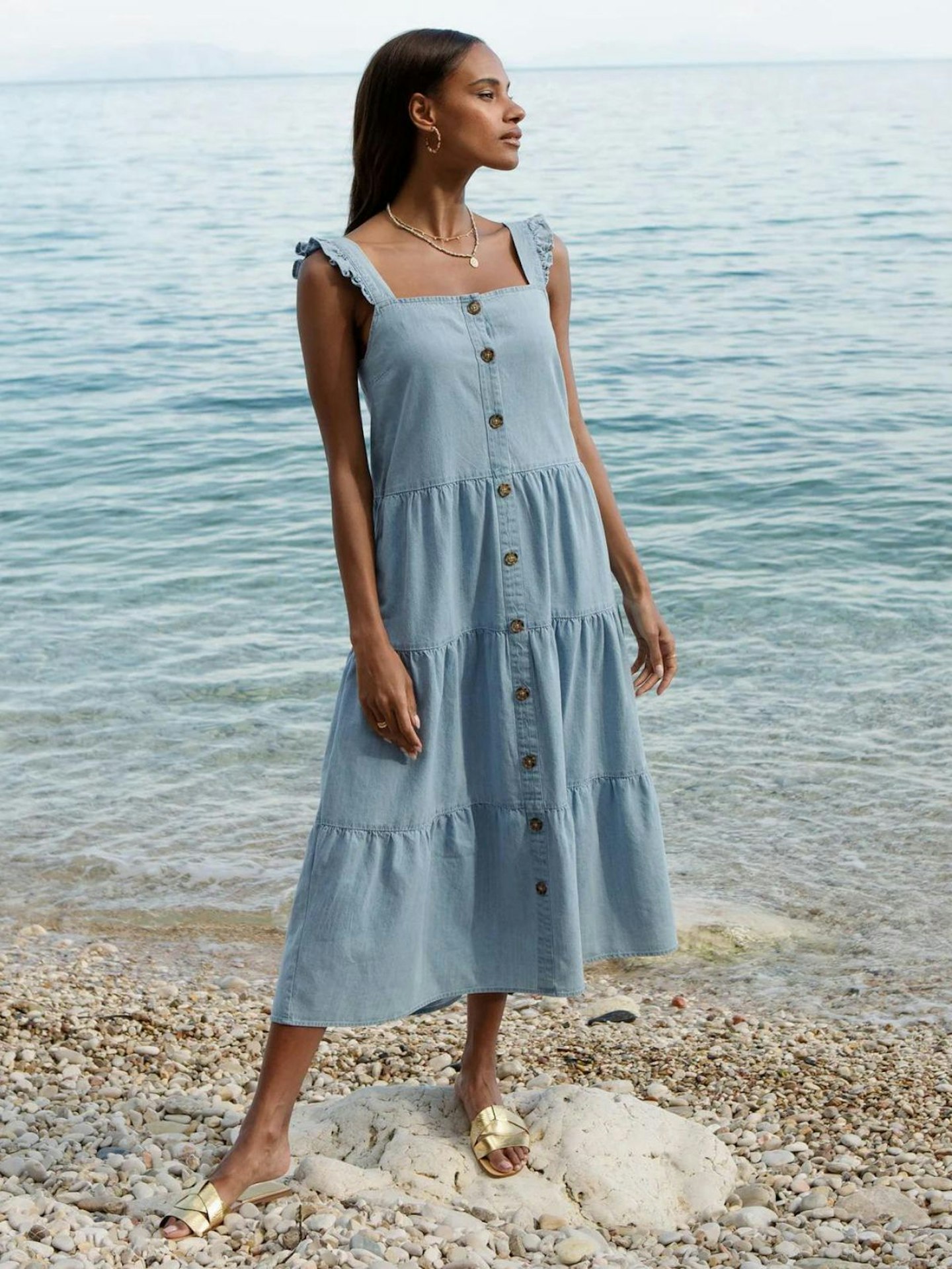 Light Blue Chambray Button Down Tiered Midi Dress