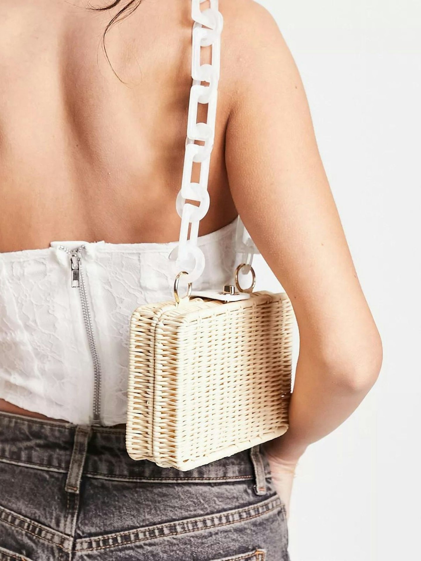 ASOS Shoulder Bag With White Resin Handle in Rattan Straw