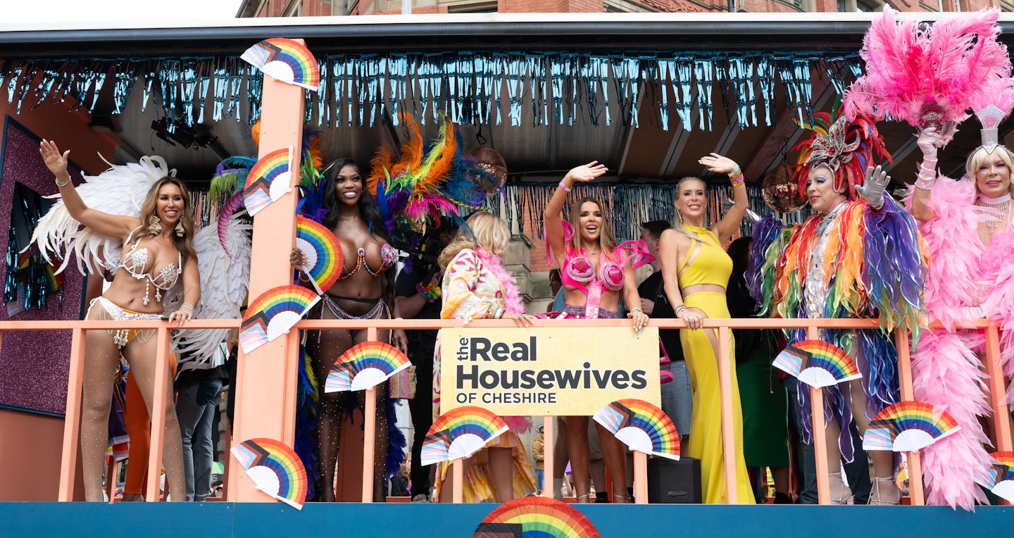 real housewives cheshire cast during manchester pride on a float