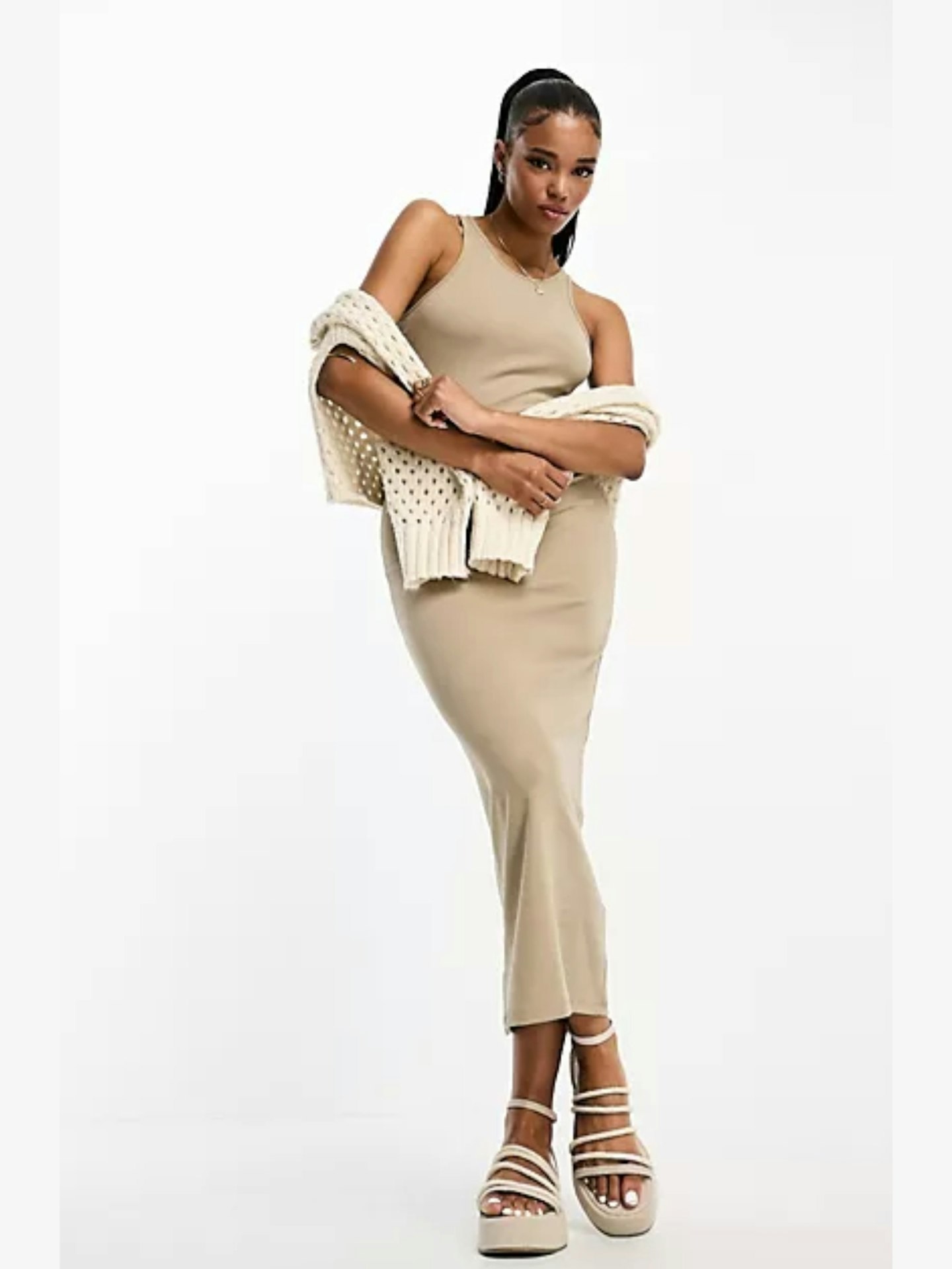 Pull&Bear Racer Neck Midaxi Dress in Beige