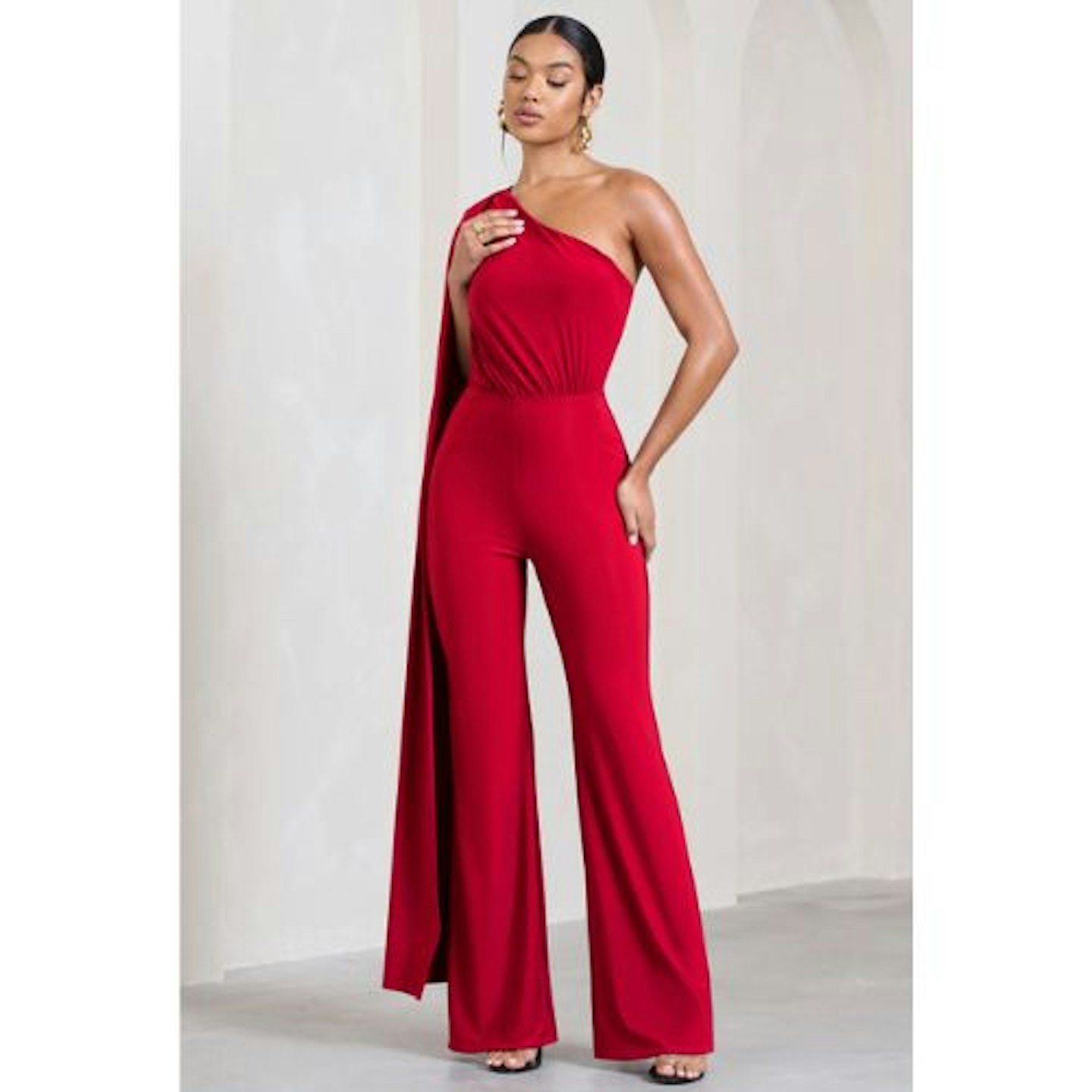 Aurora Red One Shoulder Cape Sleeve Jumpsuit