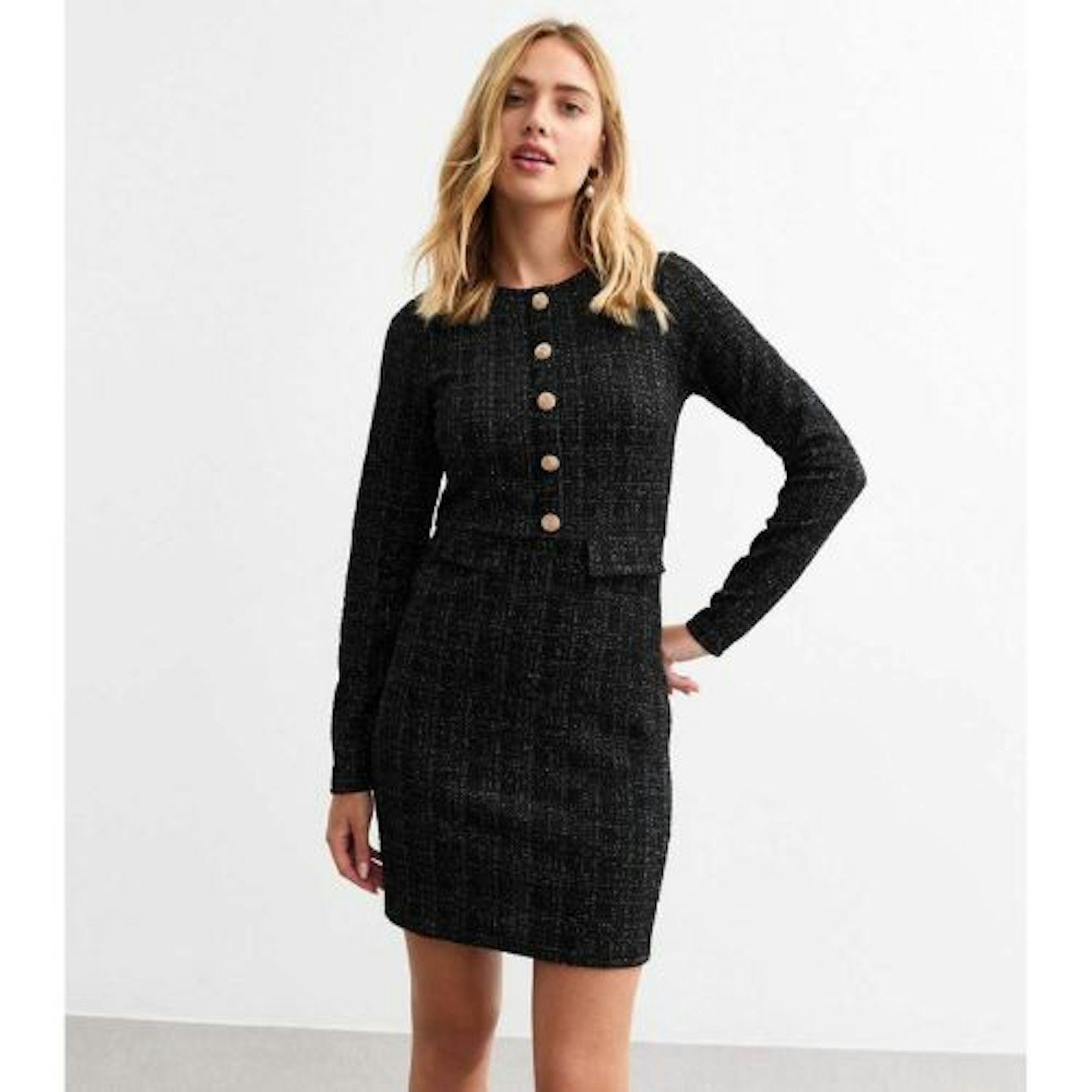 Black Metallic Long Sleeve Bouclé Mini Dress