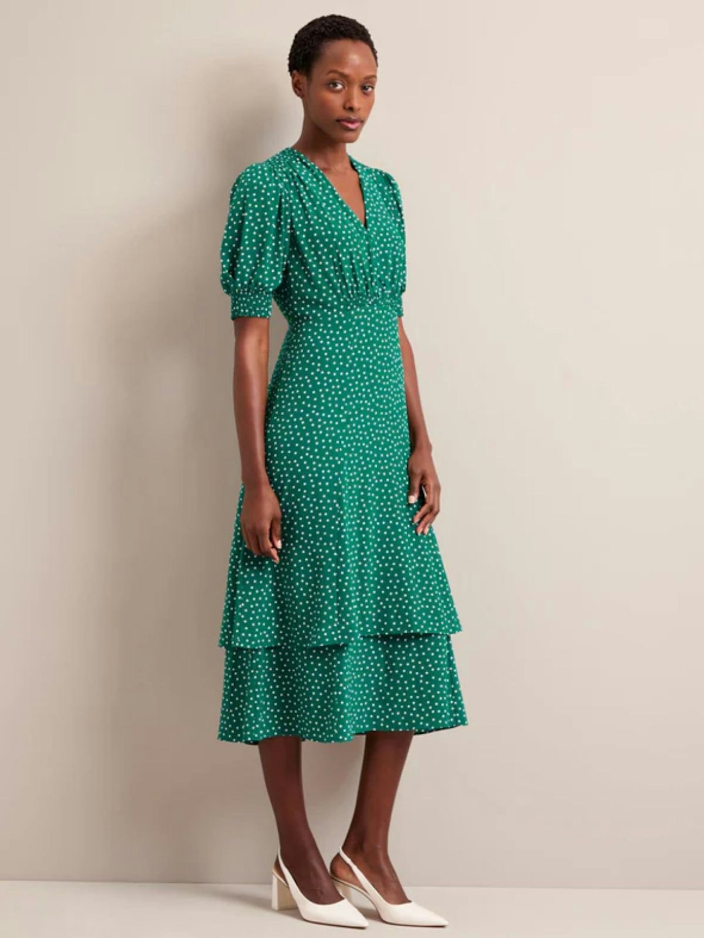 Cefinn Ayla Silk Midi Dress, Green Cream Polka Dot Print