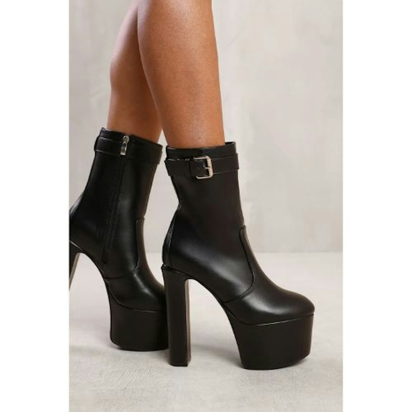 'Clara' Platform Heeled Ankle Boot With Buckle Detail And Side Zip