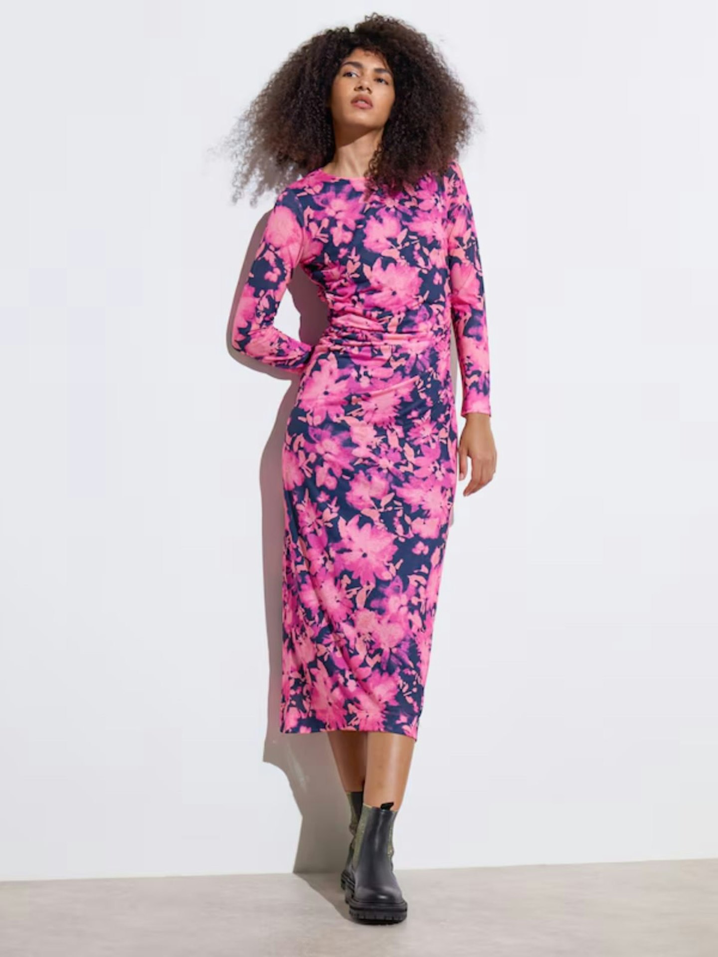 Floral Print Pink Ruched Midi Dress