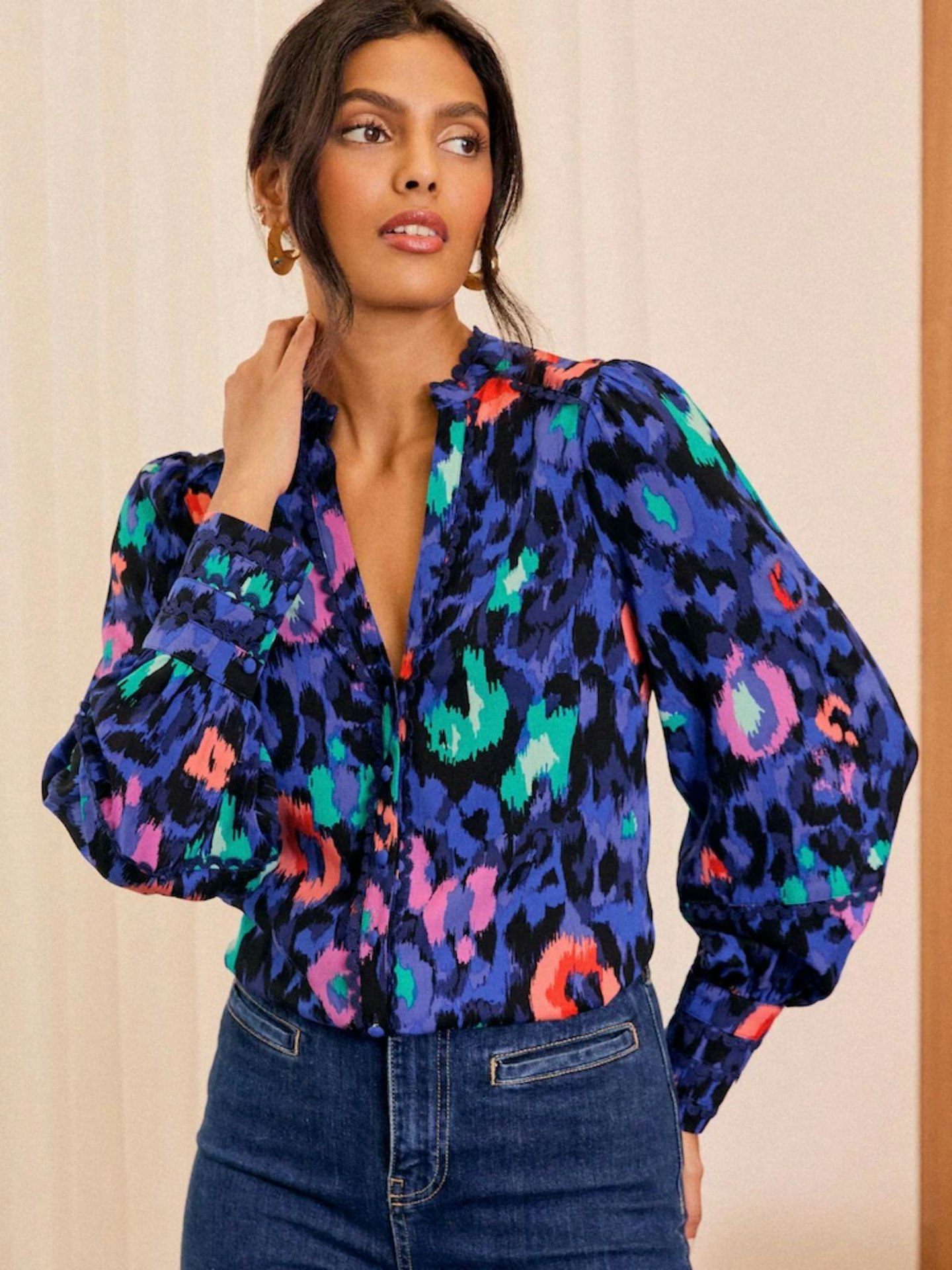 Love & Roses Blue Animal Print Ric Rac Notch Neck Long Sleeve Blouse