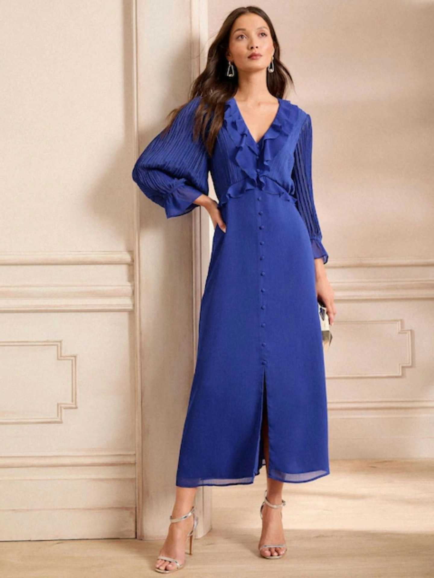 Love & Roses Cobalt Blue Pleated Ruffle Midi Dress