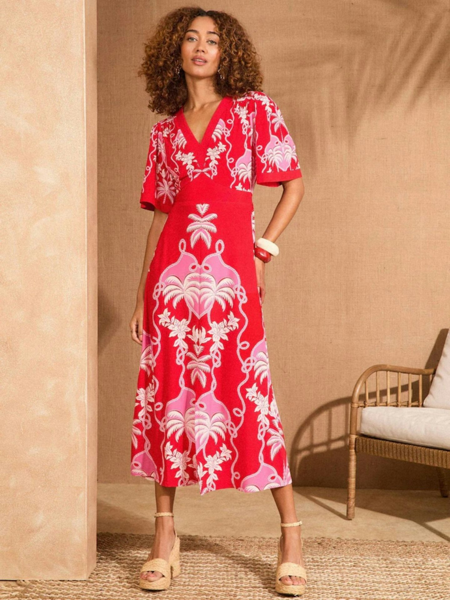 Love & Roses Red Floral Jersey V-Neck Kimono Sleeve Midi Dress