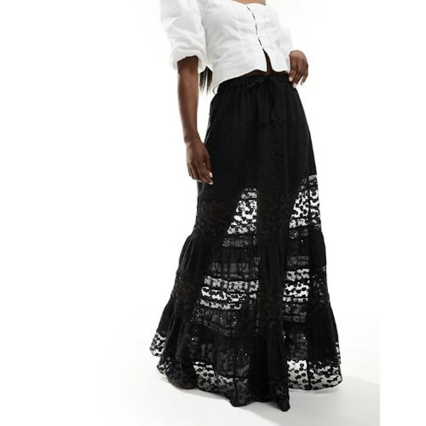 Miss Selfridge broderie lace insert tiered prairie maxi skirt