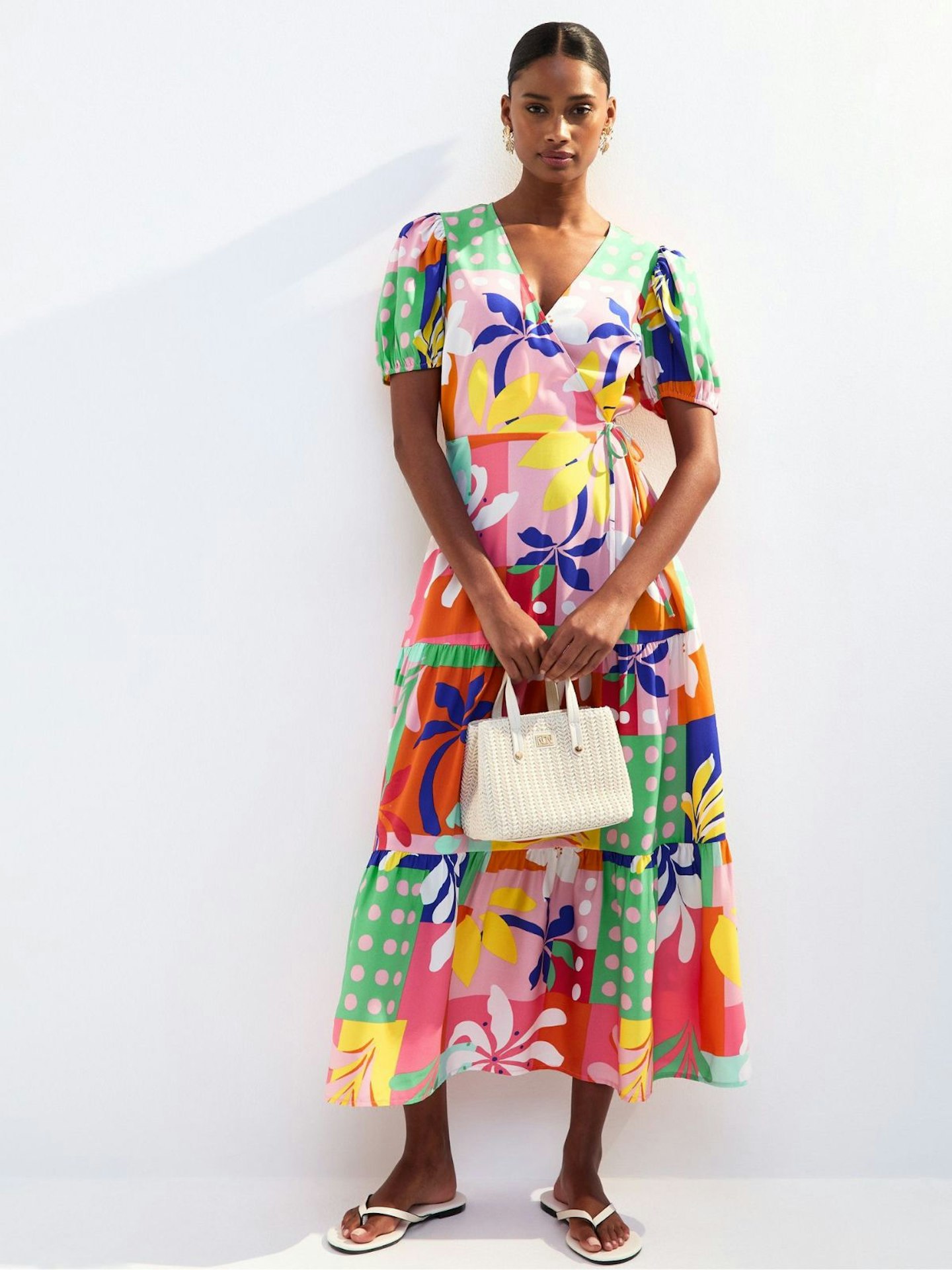 New Look Multicoloured Patchwork Print Wrap Style Midi Dress