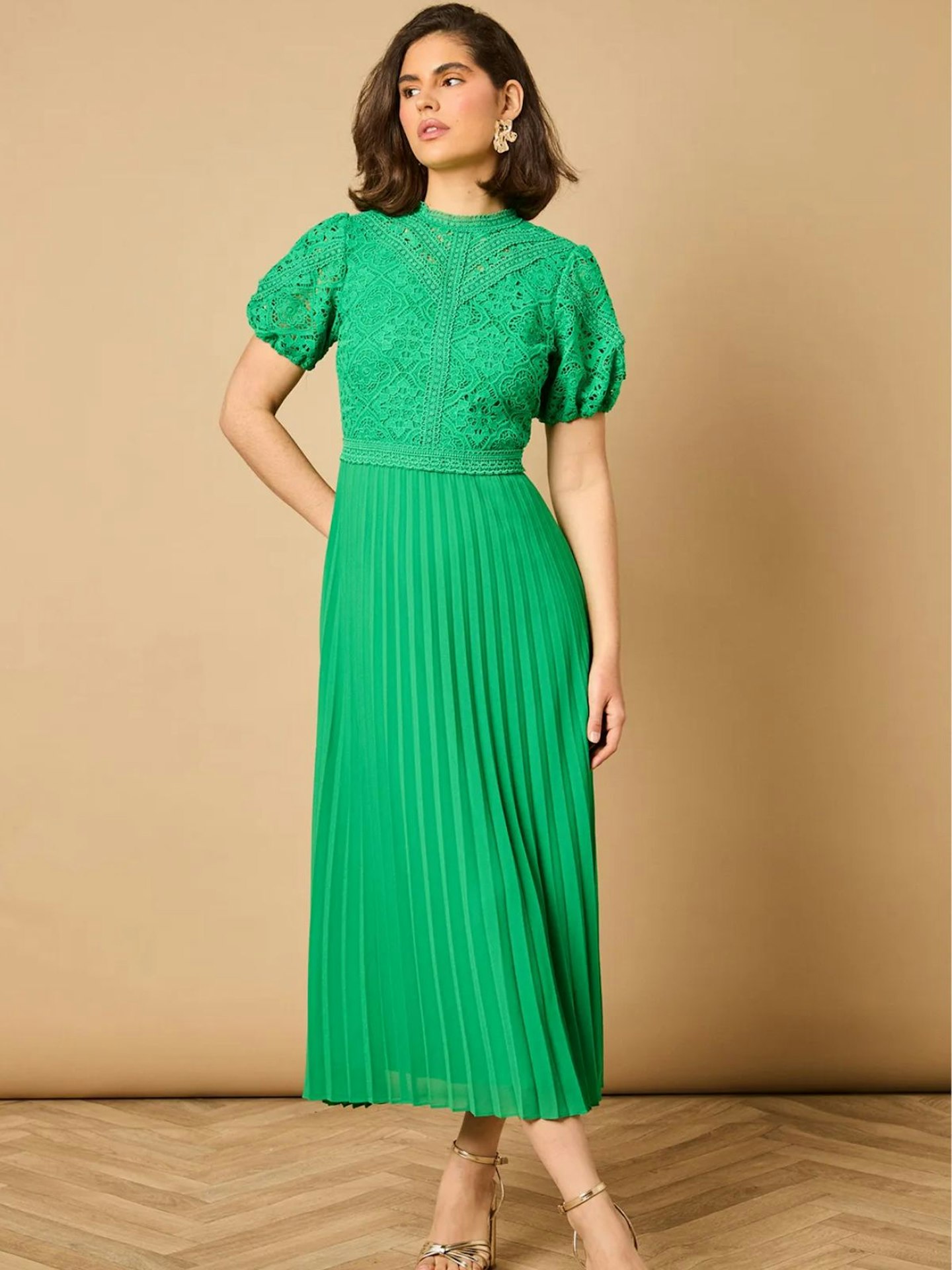 Oasis Lace Puff Sleeve Pleated Midi Dress