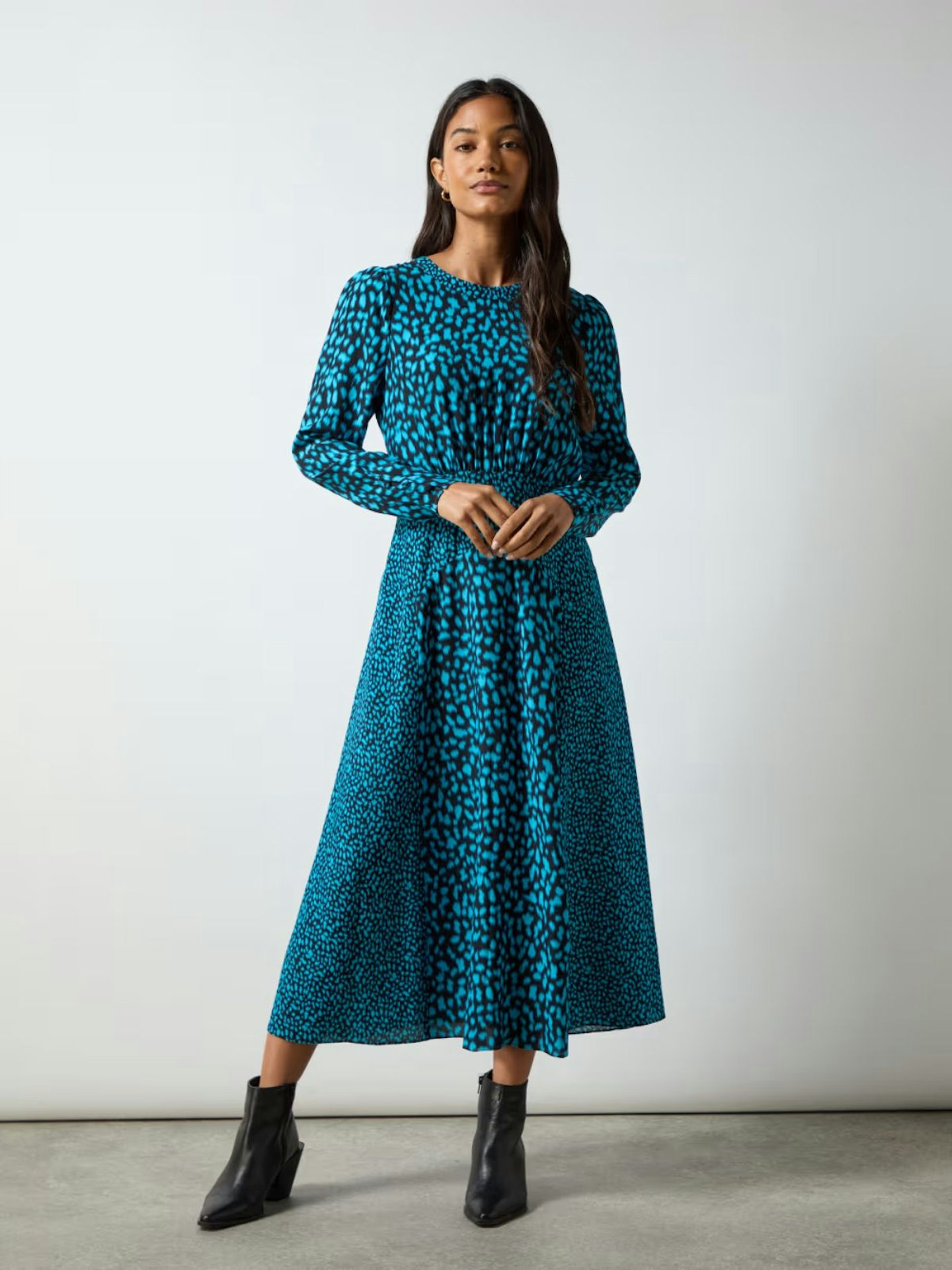 Printed Round Neck Midi Waisted Dress