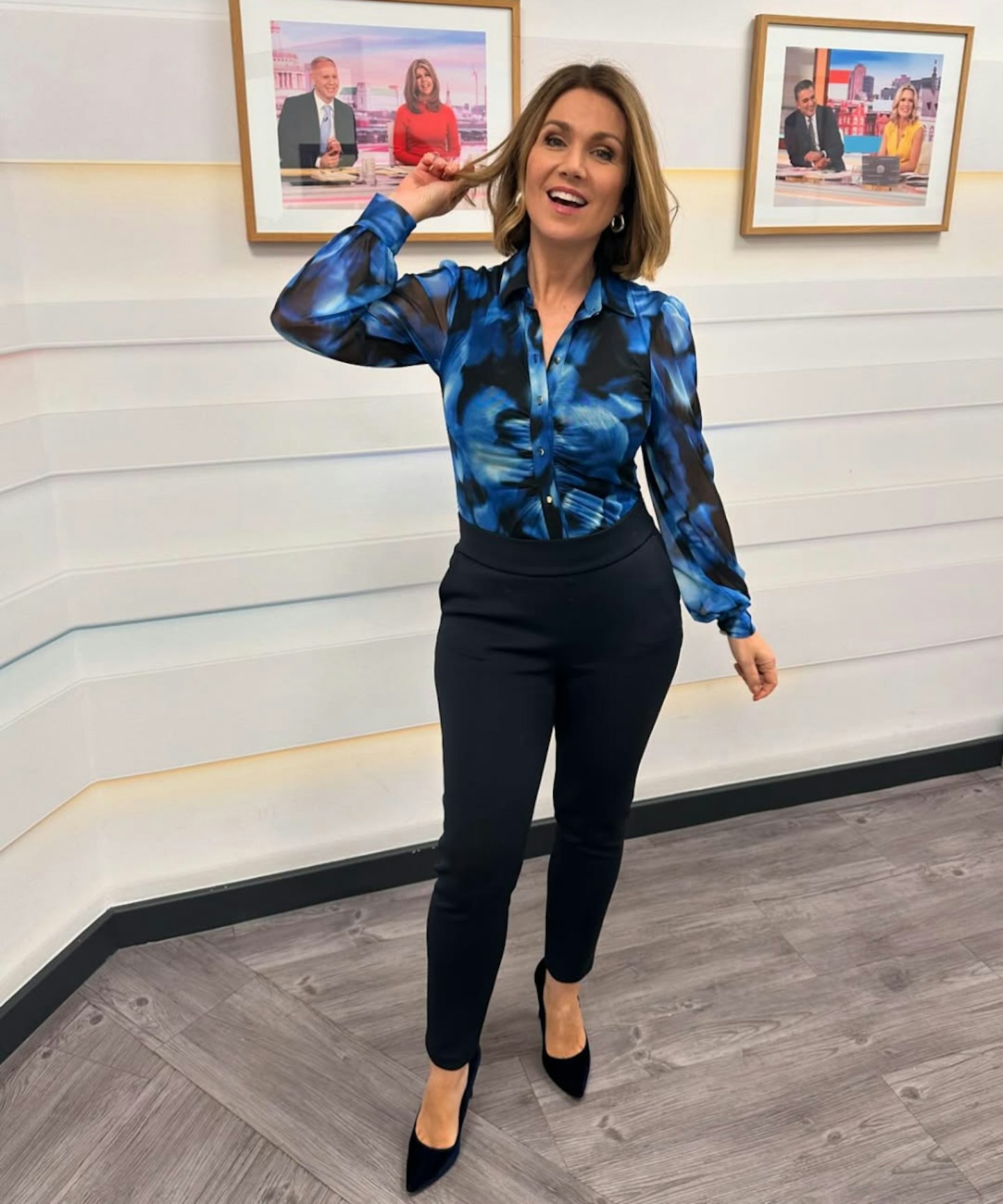 susanna reid blue black floral shirt and navy trousers