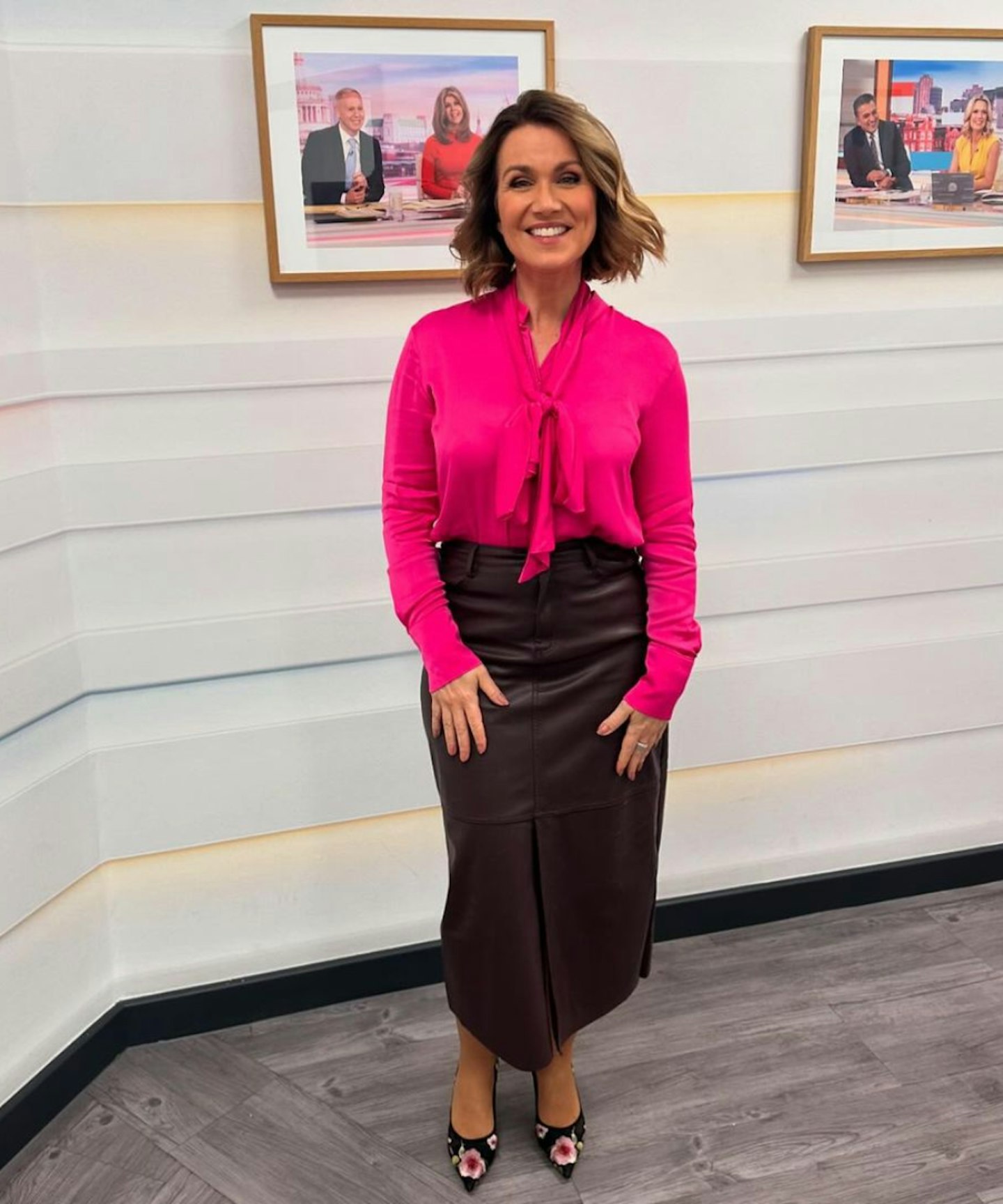 susanna reid pink blouse and leather skirt