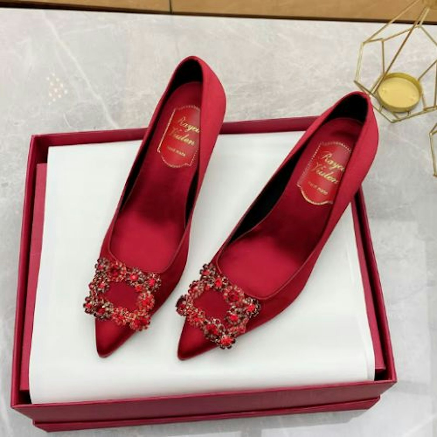 Women's red rhinestone square buckle pointed high heels