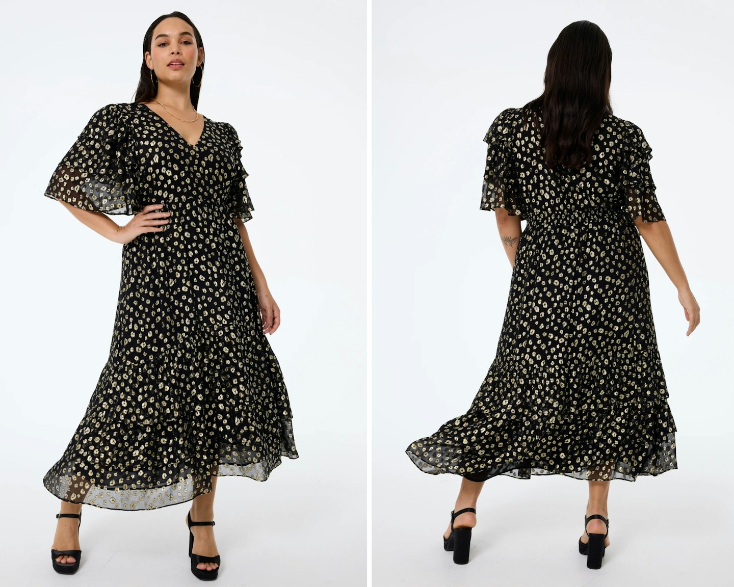 Scamp & Dude Black With Gold Spot Leopard Jacquard Ruffle Sleeve Tiered Midi Dress